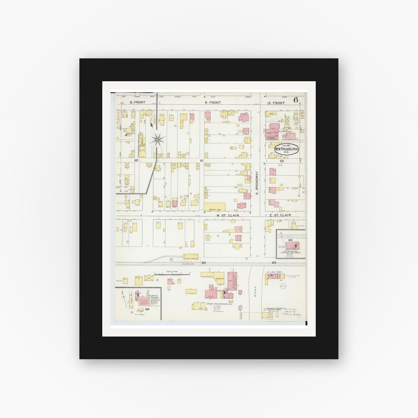 Old map wall art mockup — black gallery frame with white mat — Sanborn Fire Insurance Map from New Philadelphia, Tuscarawas County, Ohio (1892), Sheet #0006