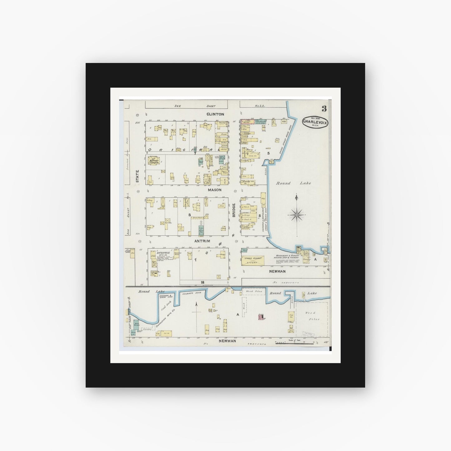Old map wall art mockup — black gallery frame with white mat — Sanborn Fire Insurance Map from Charlevoix, Charlevoix County, Michigan (1890), Sheet #0003
