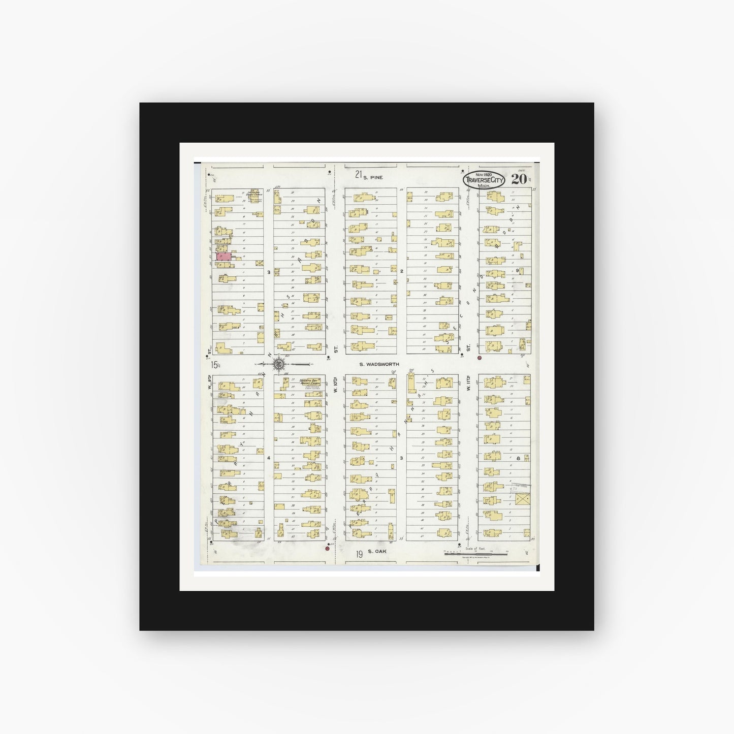 Old map wall art mockup — black gallery frame with white mat — Sanborn Fire Insurance Map from Traverse City, Grand Traverse County, Michigan (1920), Sheet #0020