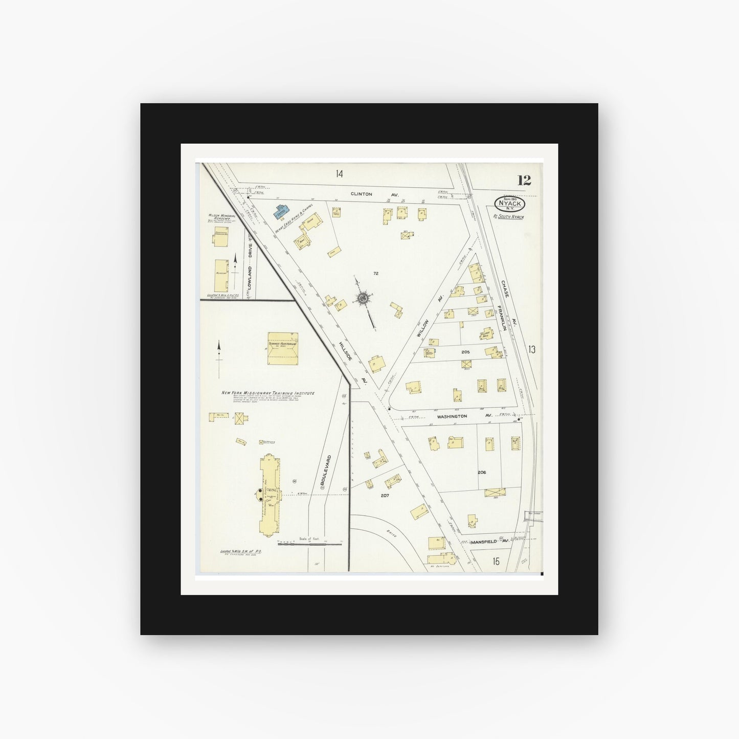 Old map wall art mockup — black gallery frame with white mat — Sanborn Fire Insurance Map from Nyack, Rockland County, New York. (1910), Sheet #0012