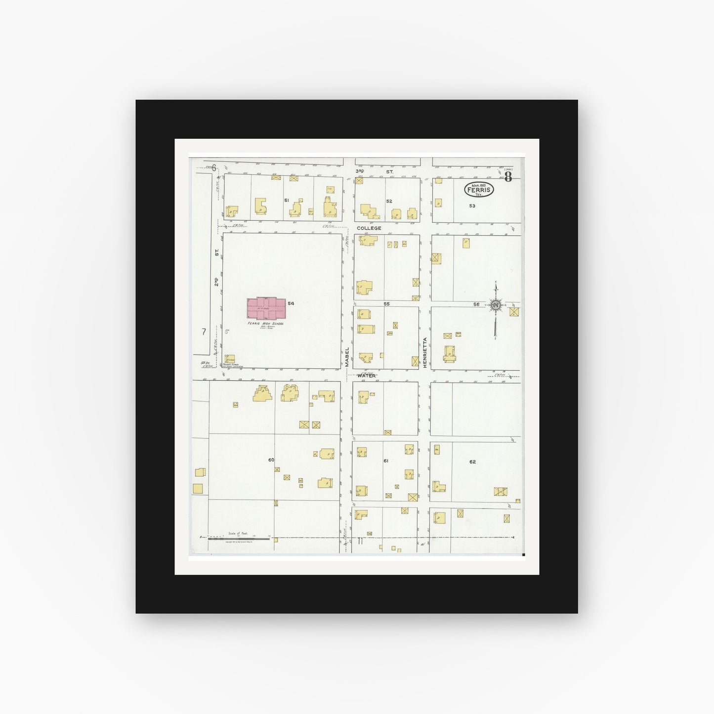 Old map wall art mockup — black gallery frame with white mat — Sanborn Fire Insurance Map from Ferris, Ellis County, Texas (1921), Sheet #0008