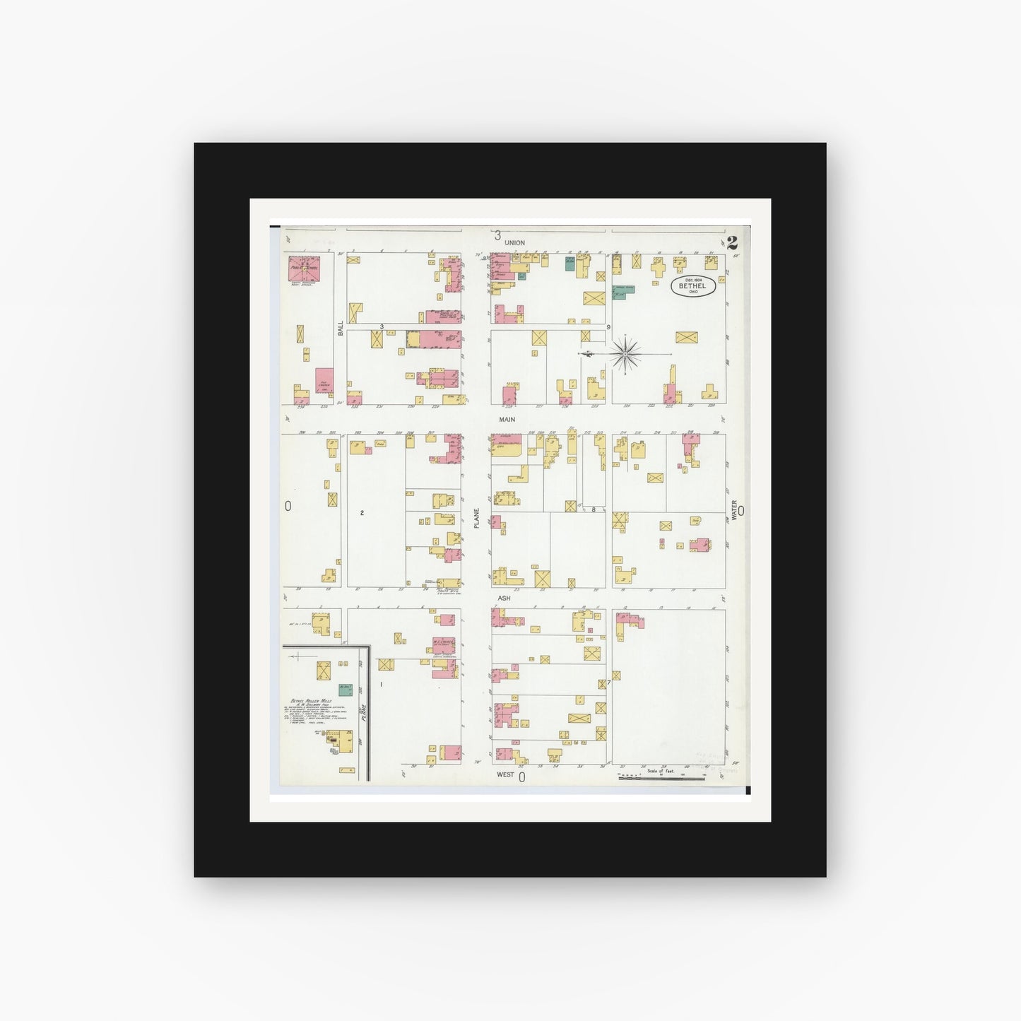 Old map wall art mockup — black gallery frame with white mat — Sanborn Fire Insurance Map from Bethel, Clermont County, Ohio (1904), Sheet #0002