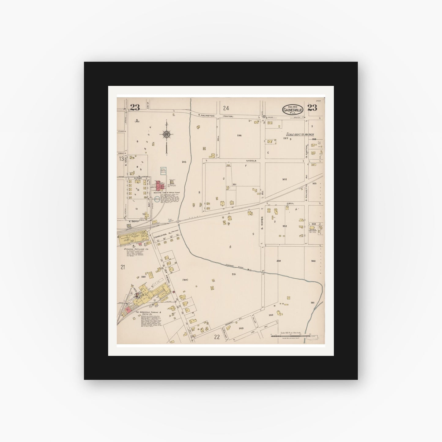 Old map wall art mockup — black gallery frame with white mat — Sanborn Fire Insurance Map from Gainesville, Alachua County, Florida (1922), Sheet #0023