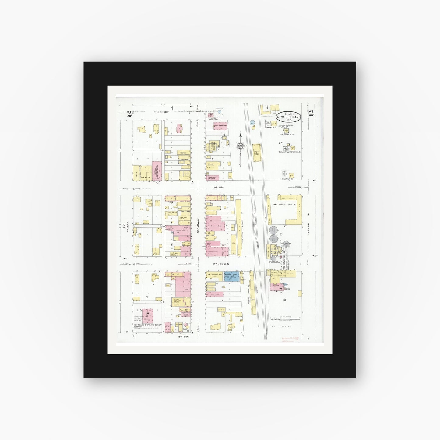Old map wall art mockup — black gallery frame with white mat — Sanborn Fire Insurance Map from New Richland, Waseca County, Minnesota (1930), Sheet #0002