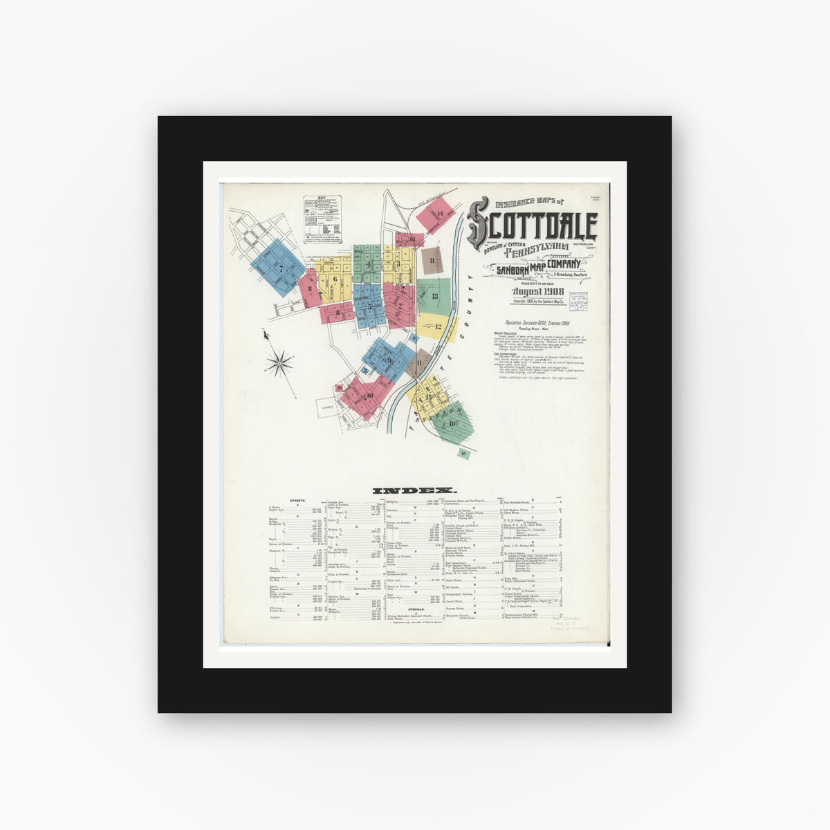 Old map wall art mockup — black gallery frame with white mat — Sanborn Fire Insurance Map from Scottdale, Westmoreland County, Pennsylvania (1908) - Complete Map Set