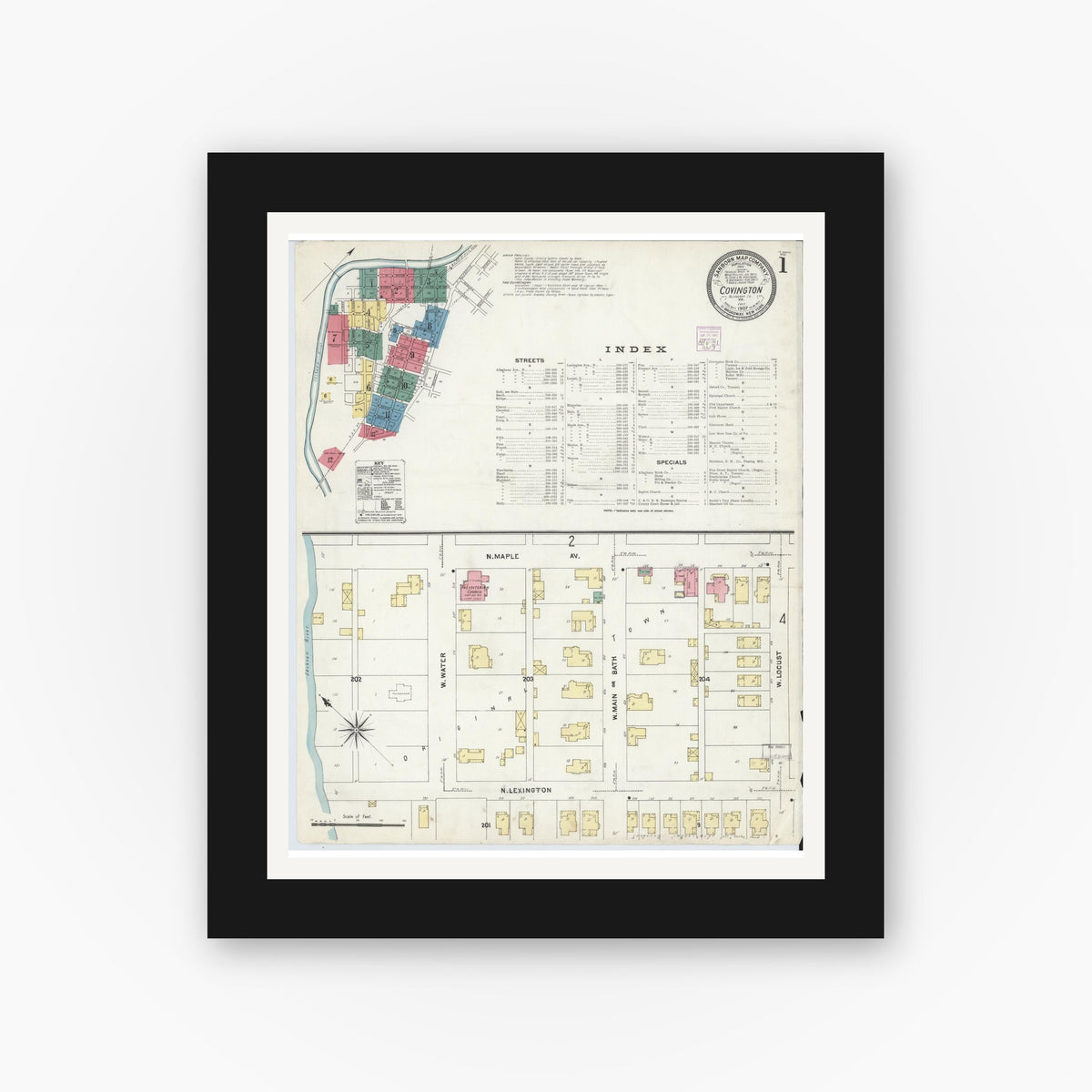 Old map wall art mockup — black gallery frame with white mat — Sanborn Fire Insurance Map from Covington, Independent Cities, Virginia (1907) - Complete Map Set