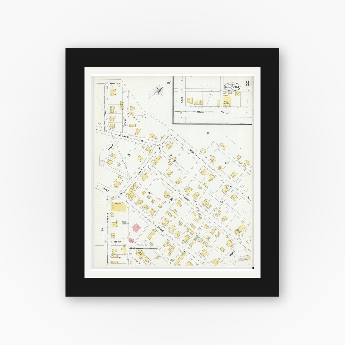 Old map wall art mockup — black gallery frame with white mat — Sanborn Fire Insurance Map from Belle Vernon, Fayette County, Pennsylvania (1900), Sheet #0003