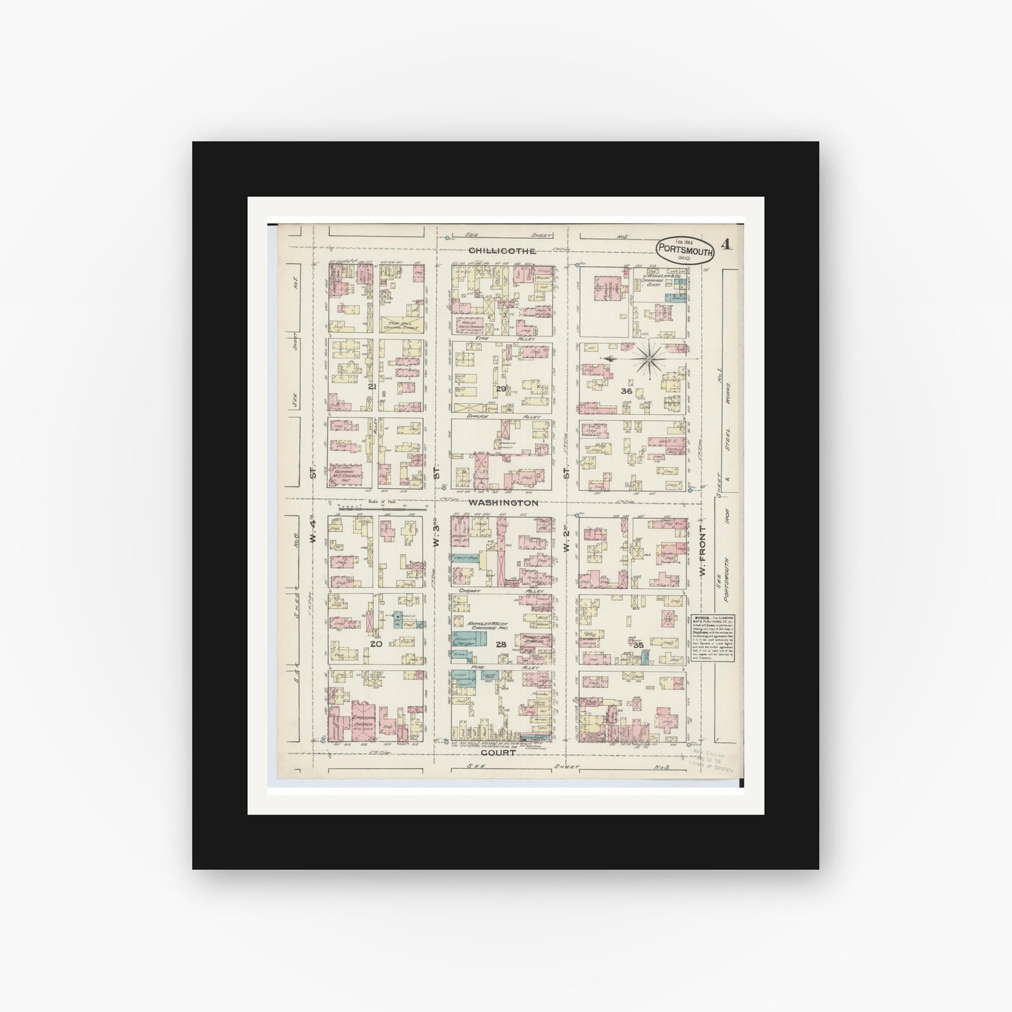 Old map wall art mockup — black gallery frame with white mat — Sanborn Fire Insurance Map from Portsmouth, Scioto County, Ohio (1884), Sheet #0004