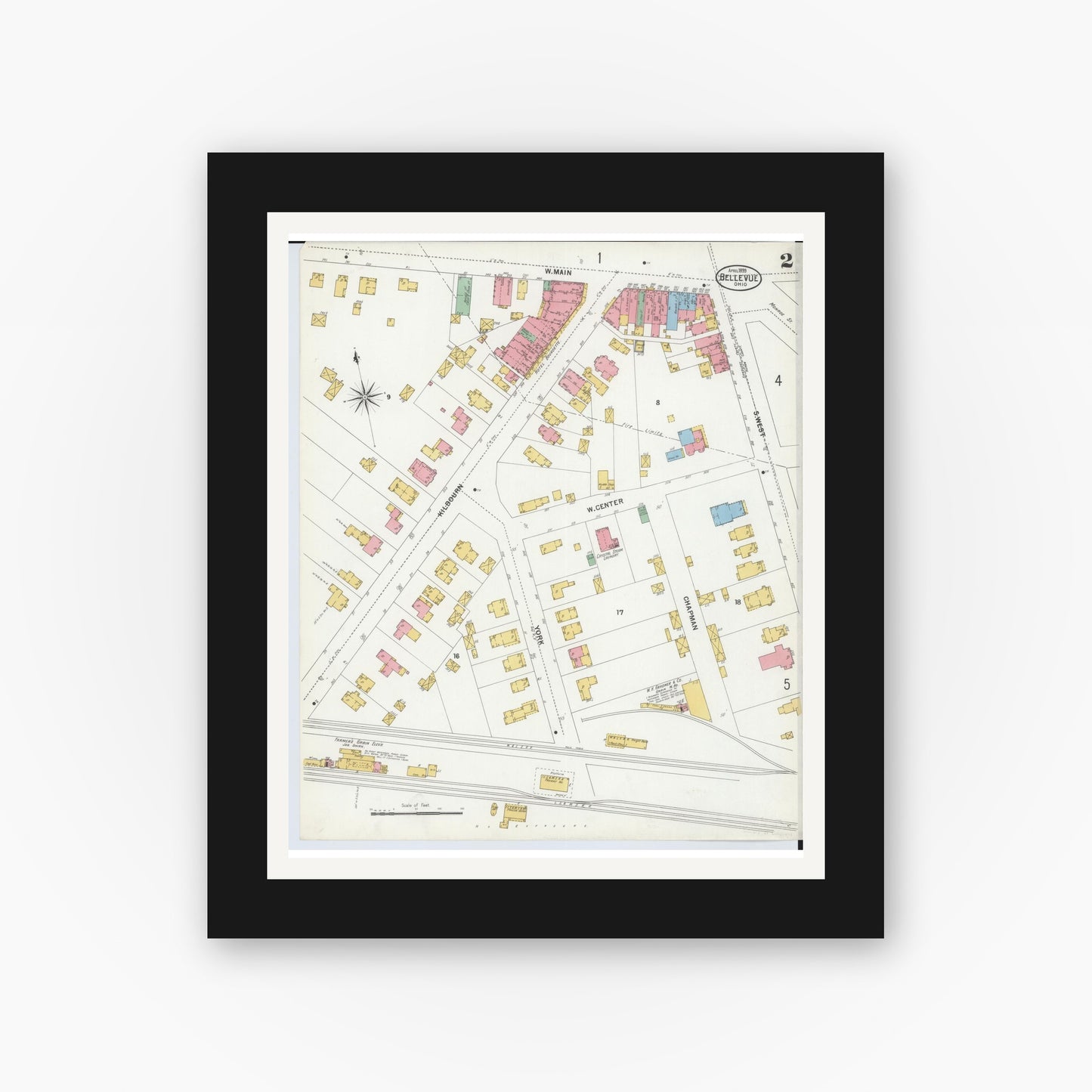 Old map wall art mockup — black gallery frame with white mat — Sanborn Fire Insurance Map from Bellevue, Huron And Sandusky County, Ohio (1899), Sheet #0002