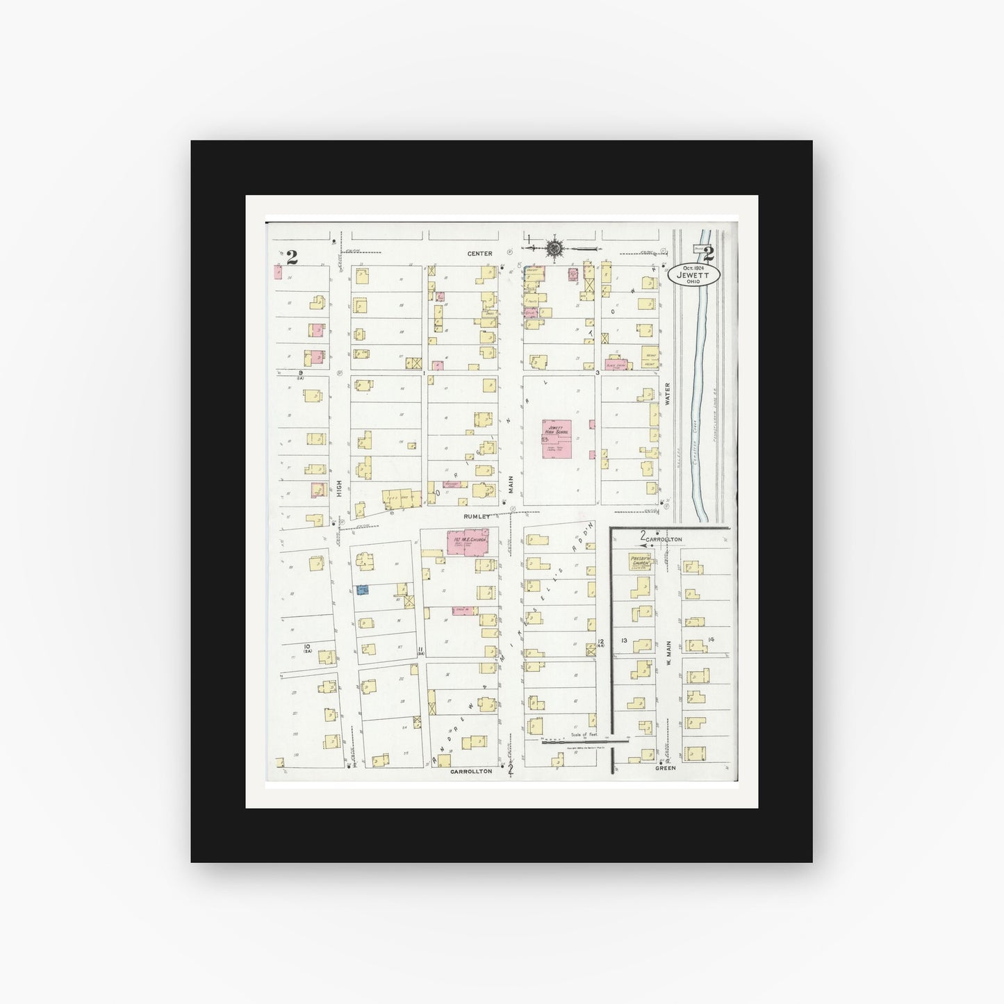 Old map wall art mockup — black gallery frame with white mat — Sanborn Fire Insurance Map from Jewett, Harrison County, Ohio (1924), Sheet #0002