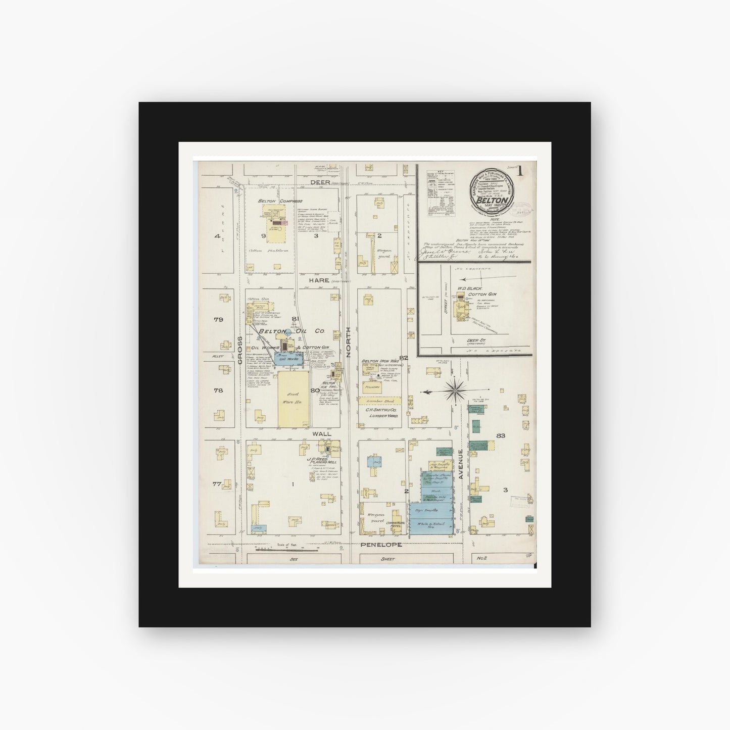 Old map wall art mockup — black gallery frame with white mat — Sanborn Fire Insurance Map from Belton, Bell County, Texas (1885), Sheet #0001