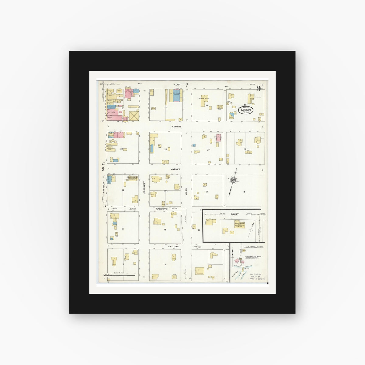 Old map wall art mockup — black gallery frame with white mat — Sanborn Fire Insurance Map from Seguin, Guadalupe County, Texas (1912), Sheet #0009