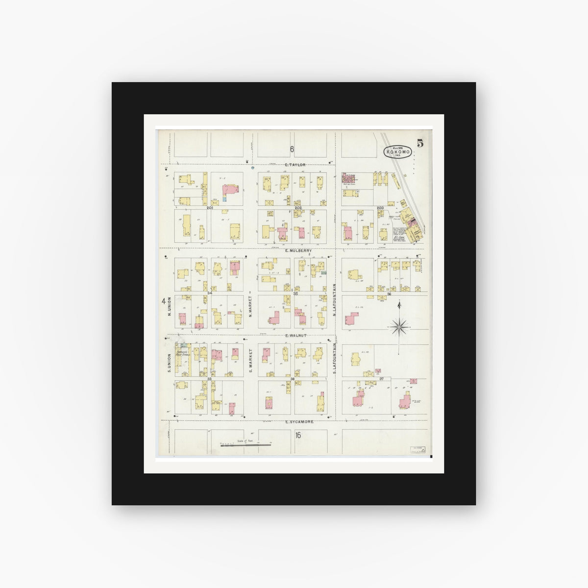 Old map wall art mockup — black gallery frame with white mat — Sanborn Fire Insurance Map from Kokomo, Howard County, Indiana (1896), Sheet #0005
