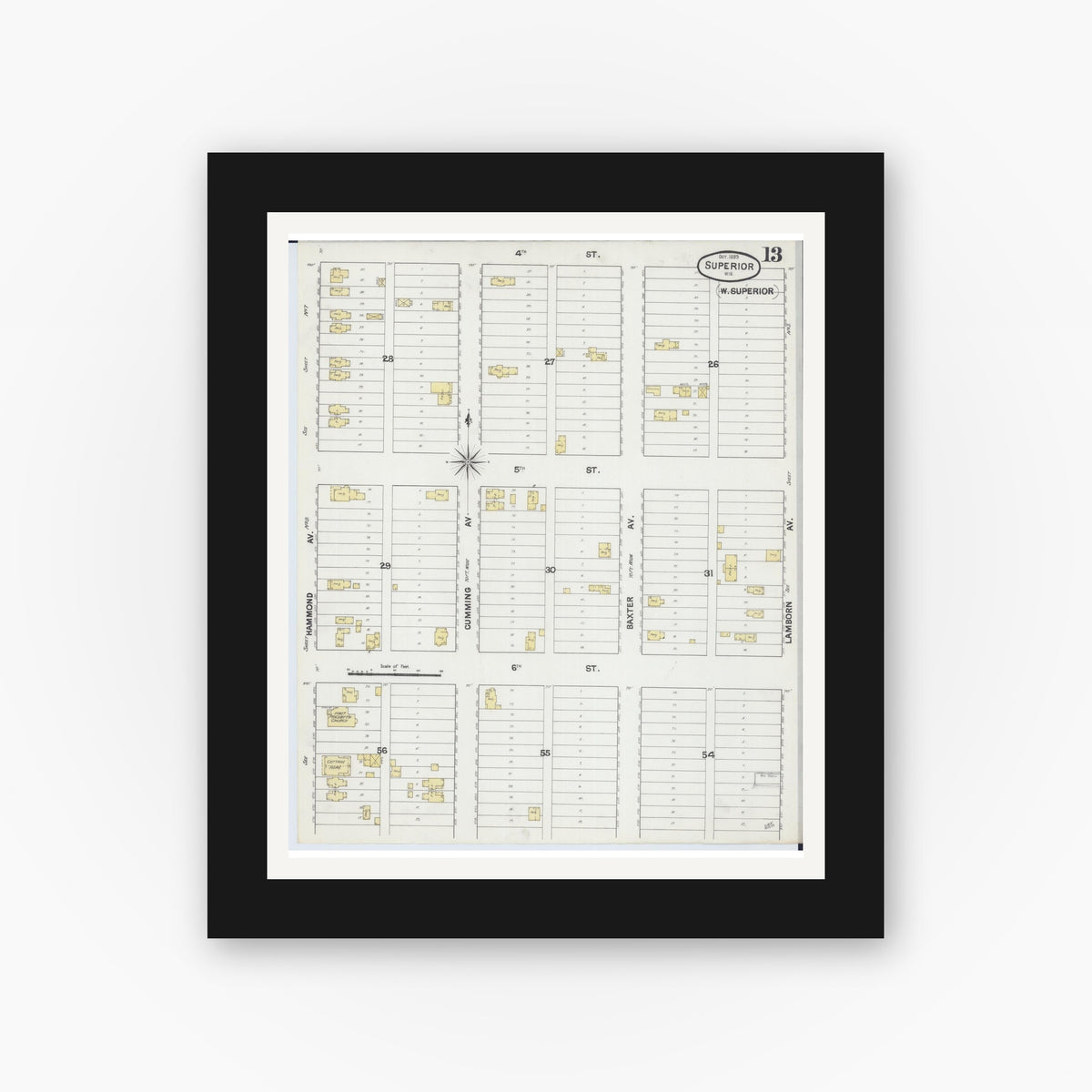 Old map wall art mockup — black gallery frame with white mat — Sanborn Fire Insurance Map from Superior, Douglas County, Wisconsin (1887), Sheet #0013