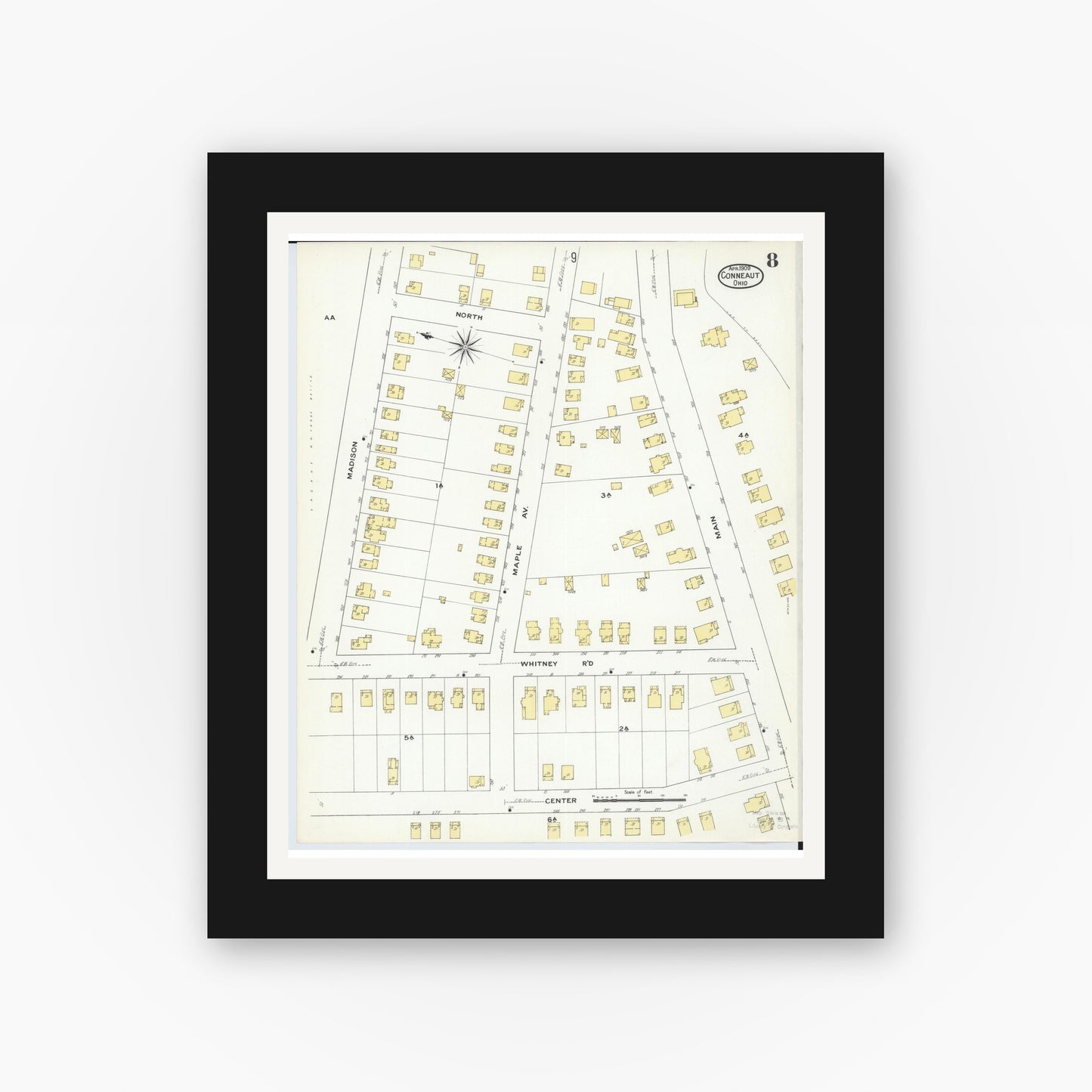 Old map wall art mockup — black gallery frame with white mat — Sanborn Fire Insurance Map from Conneaut, Ashtabula County, Ohio (1909), Sheet #0008