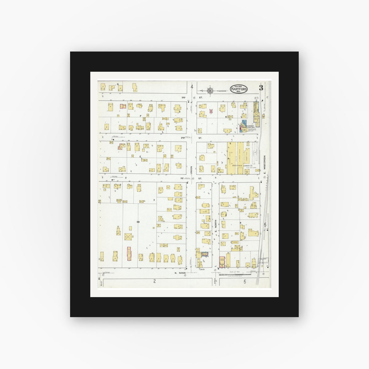 Old map wall art mockup — black gallery frame with white mat — Sanborn Fire Insurance Map from Hartford, Washington County, Wisconsin (1918), Sheet #0003