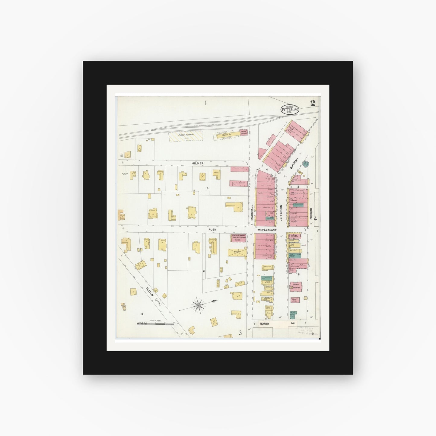 Old map wall art mockup — black gallery frame with white mat — Sanborn Fire Insurance Map from Pittsburg, Camp County, Texas (1901), Sheet #0002