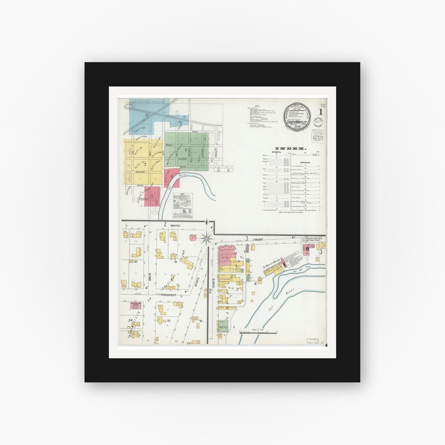 Old map wall art mockup — black gallery frame with white mat — Sanborn Fire Insurance Map from South Whitley, Whitley County, Indiana (1900) - Complete Map Set
