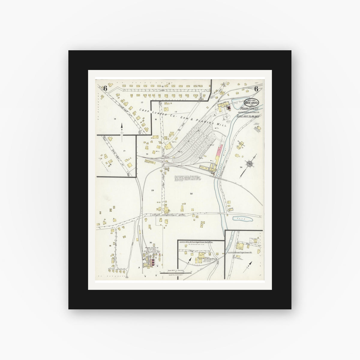 Old map wall art mockup β black gallery frame with white mat β Sanborn Fire Insurance Map from Brevard, Transylvania County, North Carolina (1924), Sheet #0006