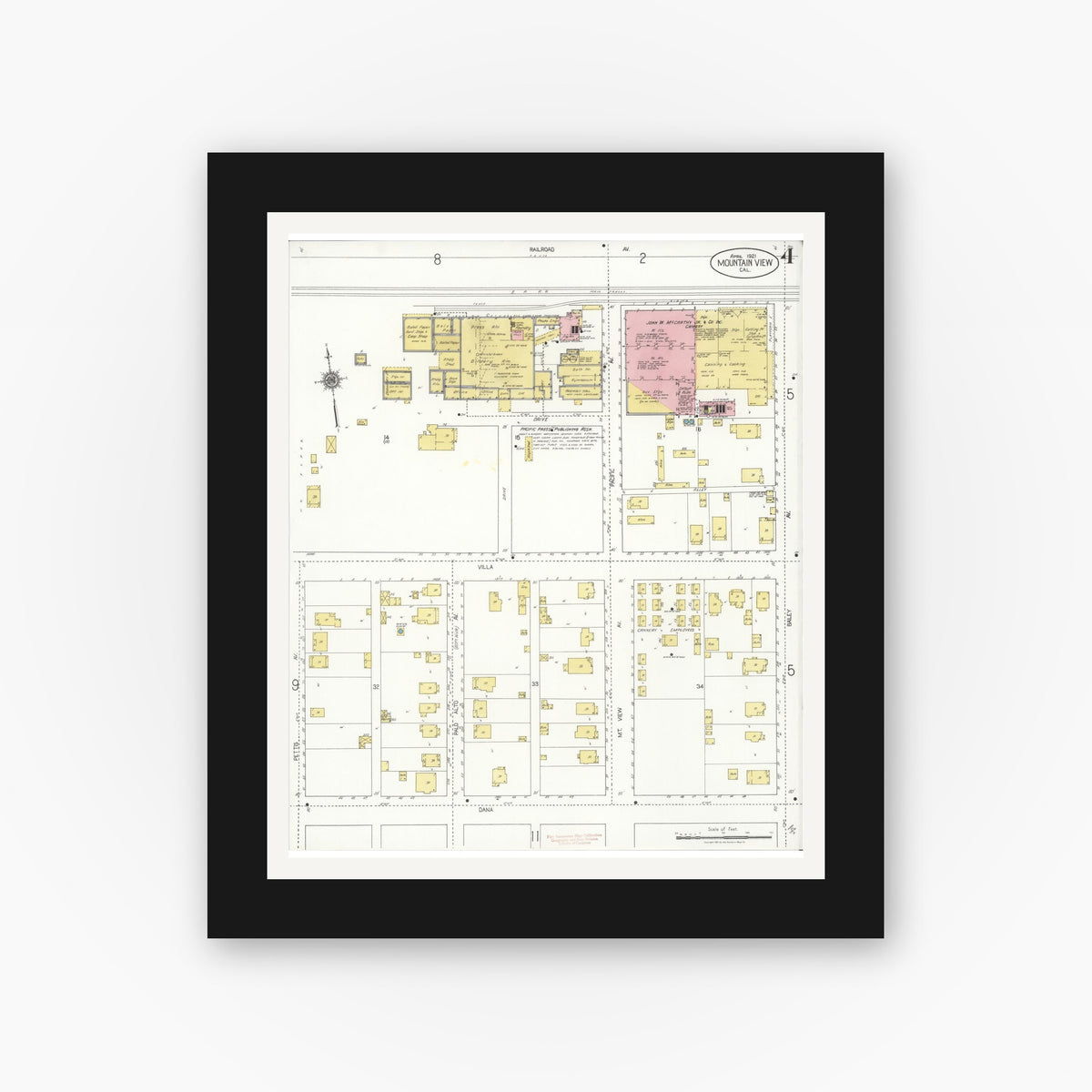 Old map wall art mockup — black gallery frame with white mat — Sanborn Fire Insurance Map from Mountain View, Santa Clara County, California (1921), Sheet #0004