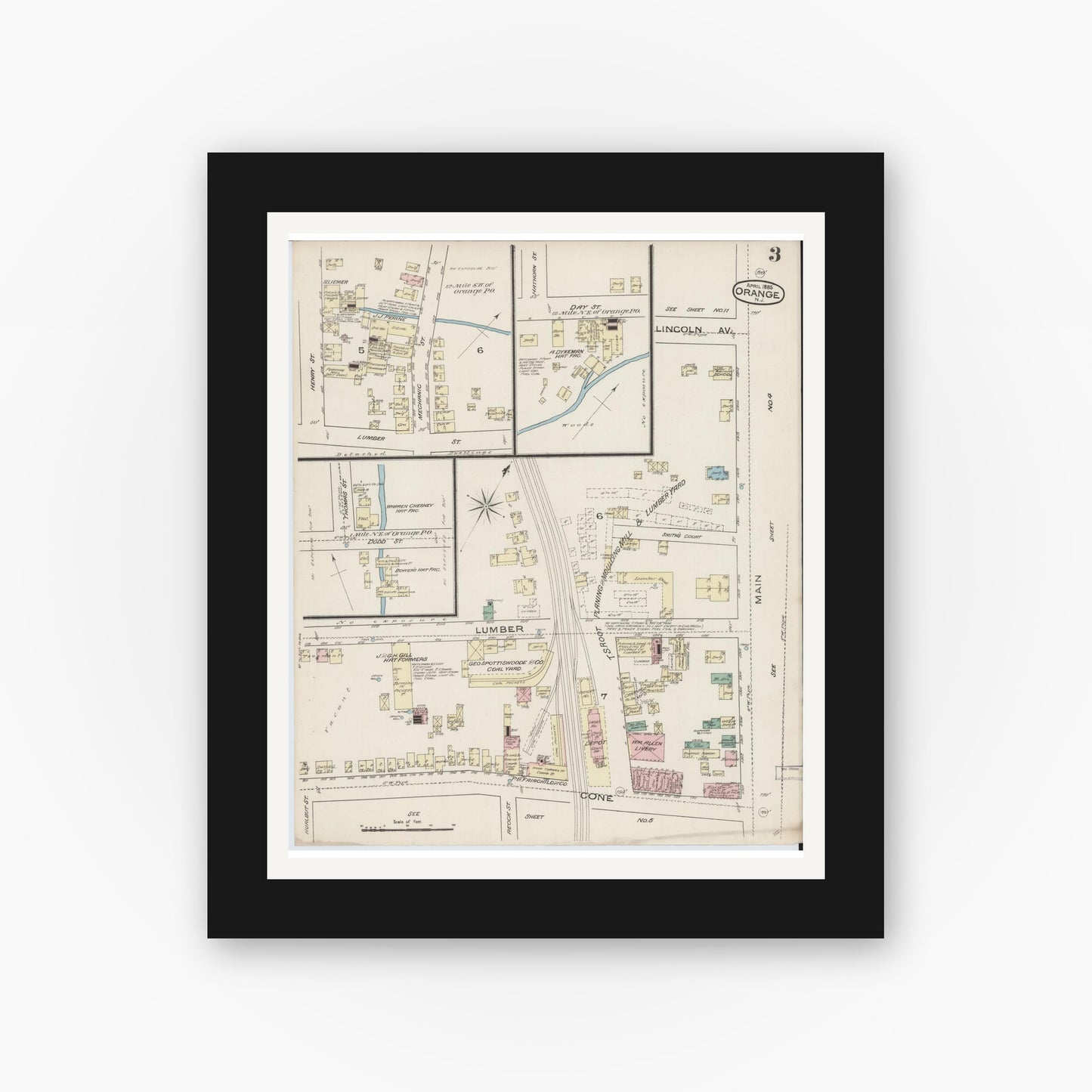 Old map wall art mockup — black gallery frame with white mat — Sanborn Fire Insurance Map from Orange, Essex County, New Jersey (1885), Sheet #0003