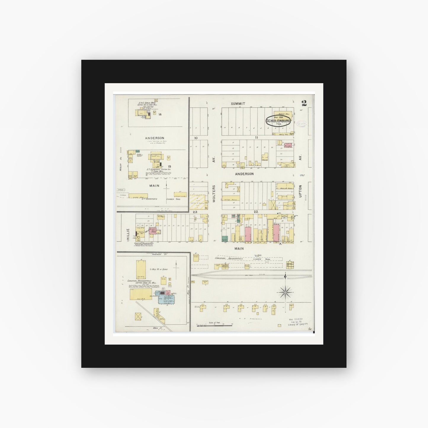 Old map wall art mockup — black gallery frame with white mat — Sanborn Fire Insurance Map from Schulenburg, Fayette County, Texas (1894), Sheet #0002