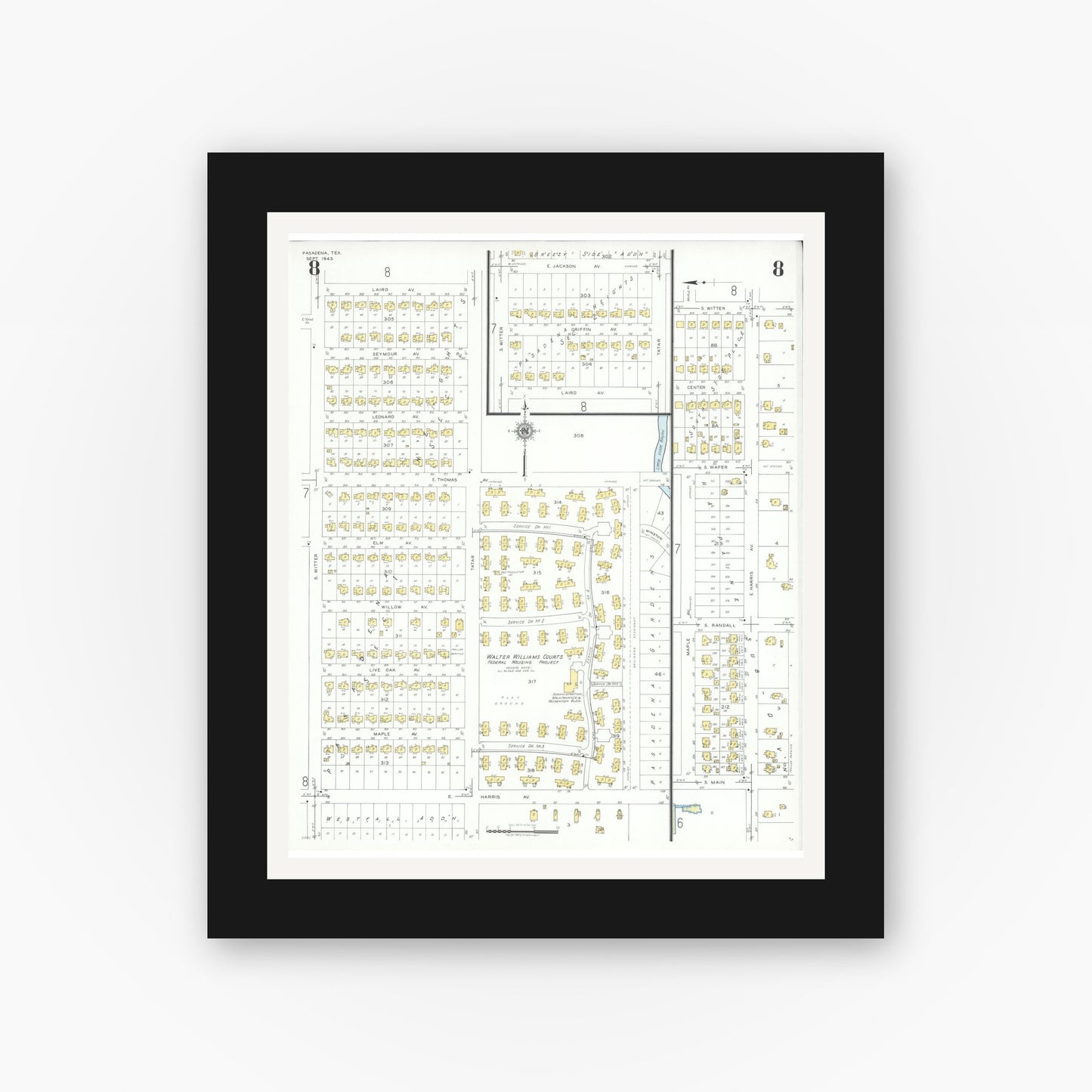 Old map wall art mockup — black gallery frame with white mat — Sanborn Fire Insurance Map from Pasadena, Harris County, Texas (1943), Sheet #0008