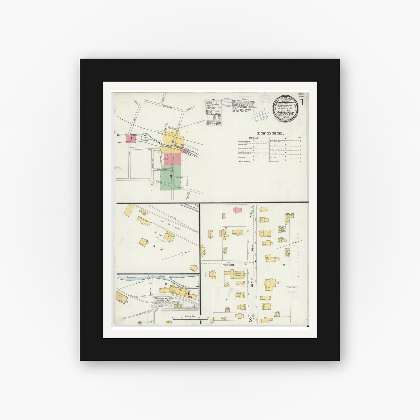 Old map wall art mockup — black gallery frame with white mat — Sanborn Fire Insurance Map from Cohocton, Steuben County, New York (1898), Sheet #0001