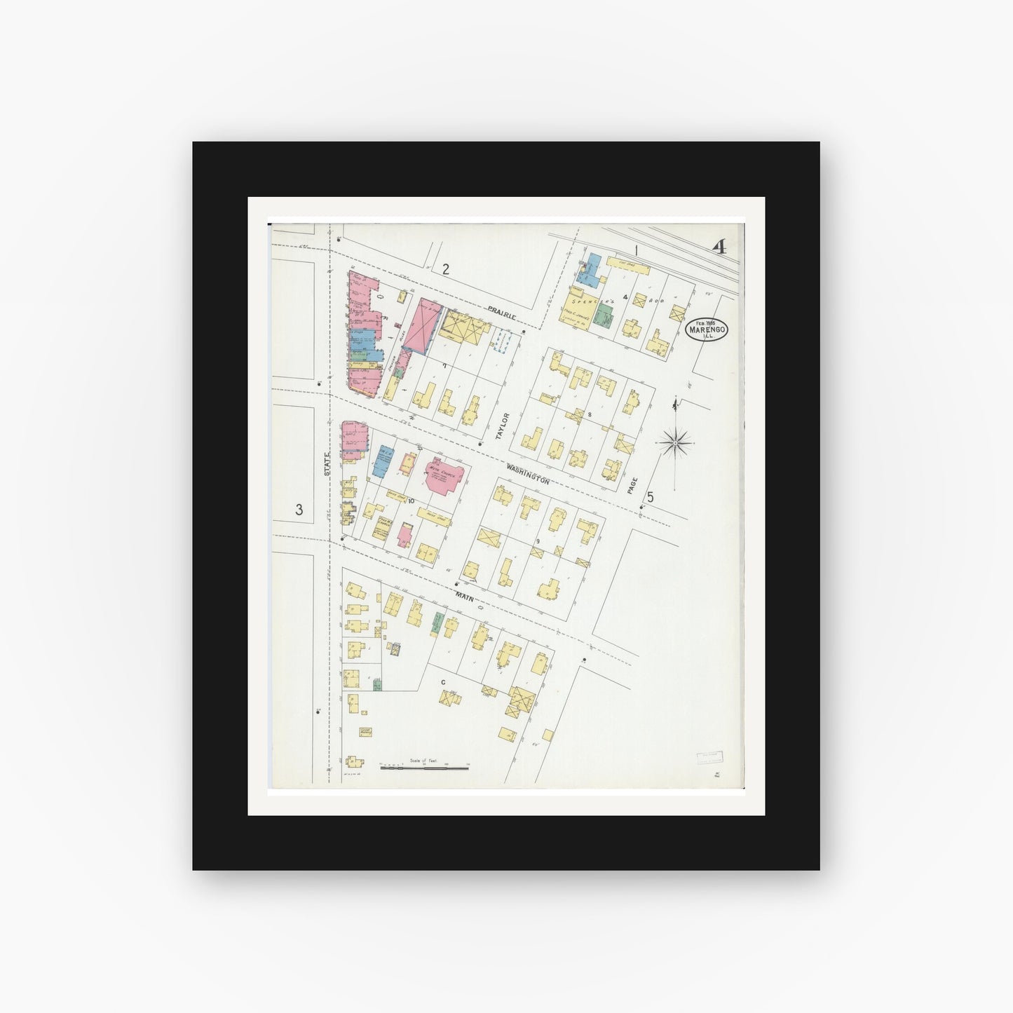 Old map wall art mockup — black gallery frame with white mat — Sanborn Fire Insurance Map from Marengo, McHenry County, Illinois (1905), Sheet #0004
