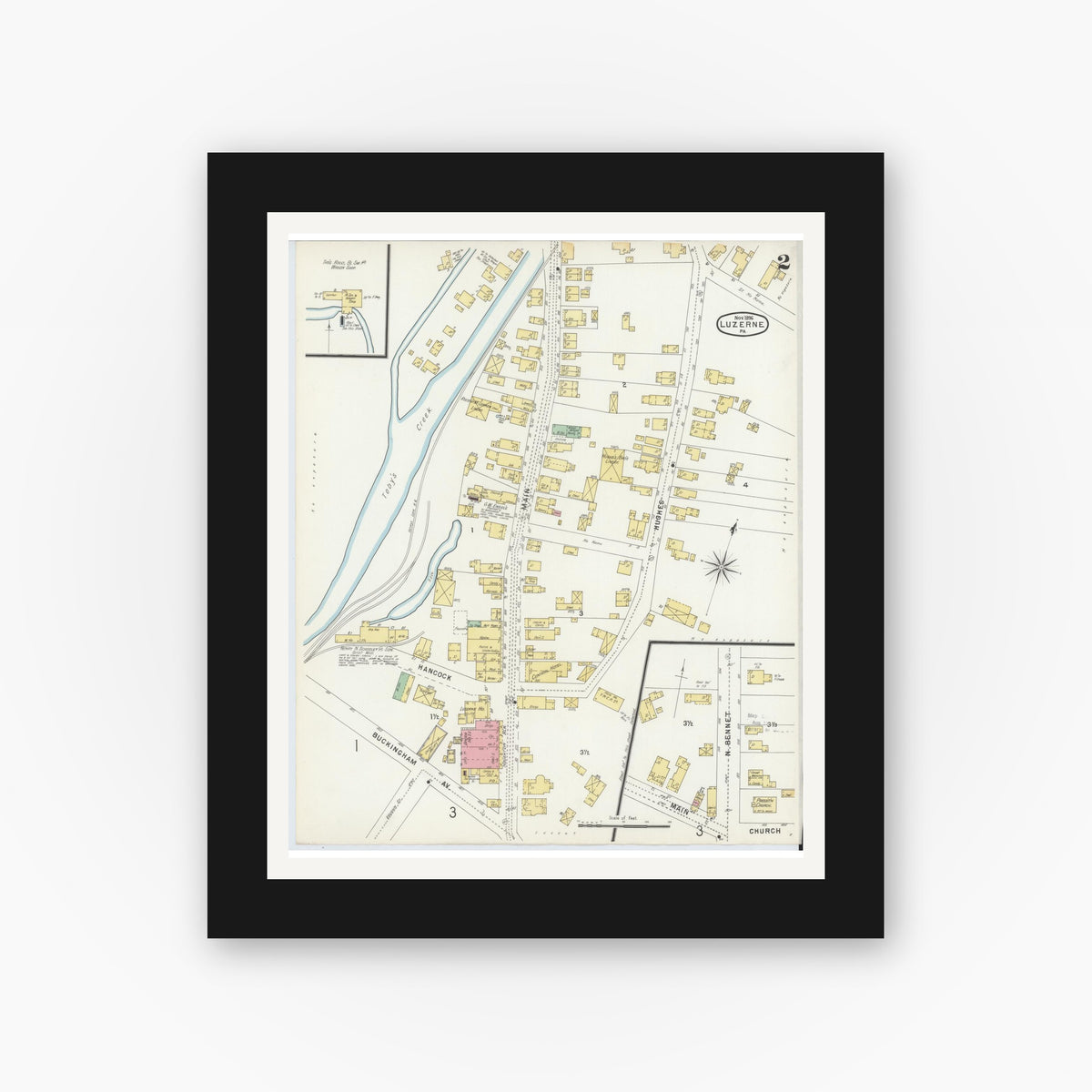 Old map wall art mockup — black gallery frame with white mat — Sanborn Fire Insurance Map from Luzerne, Luzerne County, Pennsylvania (1896), Sheet #0002
