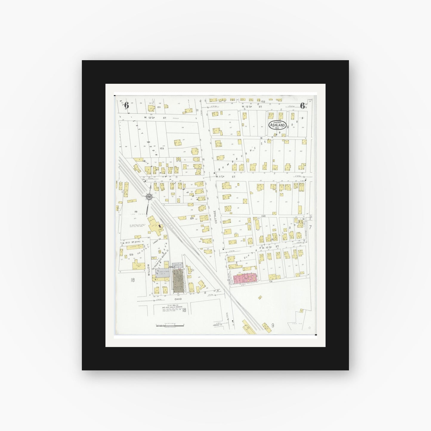Old map wall art mockup — black gallery frame with white mat — Sanborn Fire Insurance Map from Ashland, Ashland County, Ohio (1930), Sheet #0006