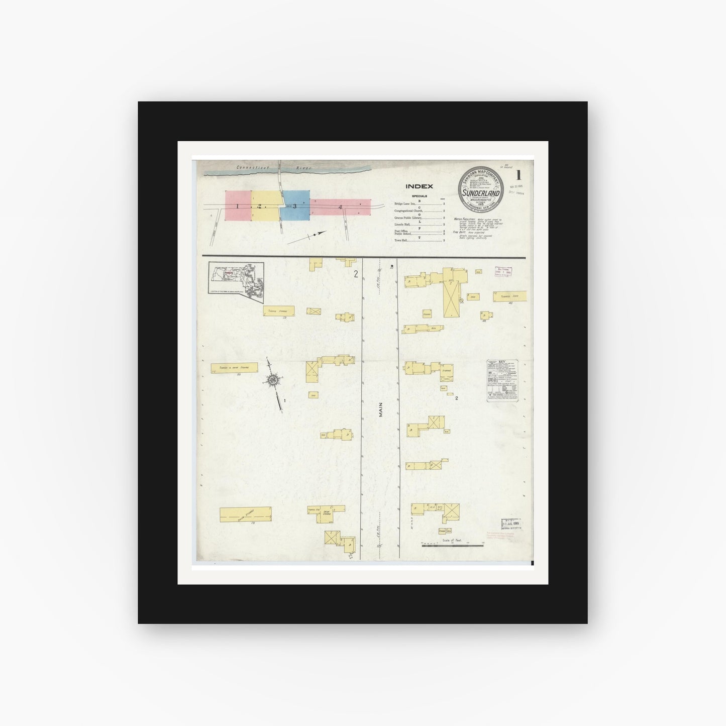 Old map wall art mockup — black gallery frame with white mat — Sanborn Fire Insurance Map from Sunderland, Franklin County, Massachusetts (1915) - Complete Map Set