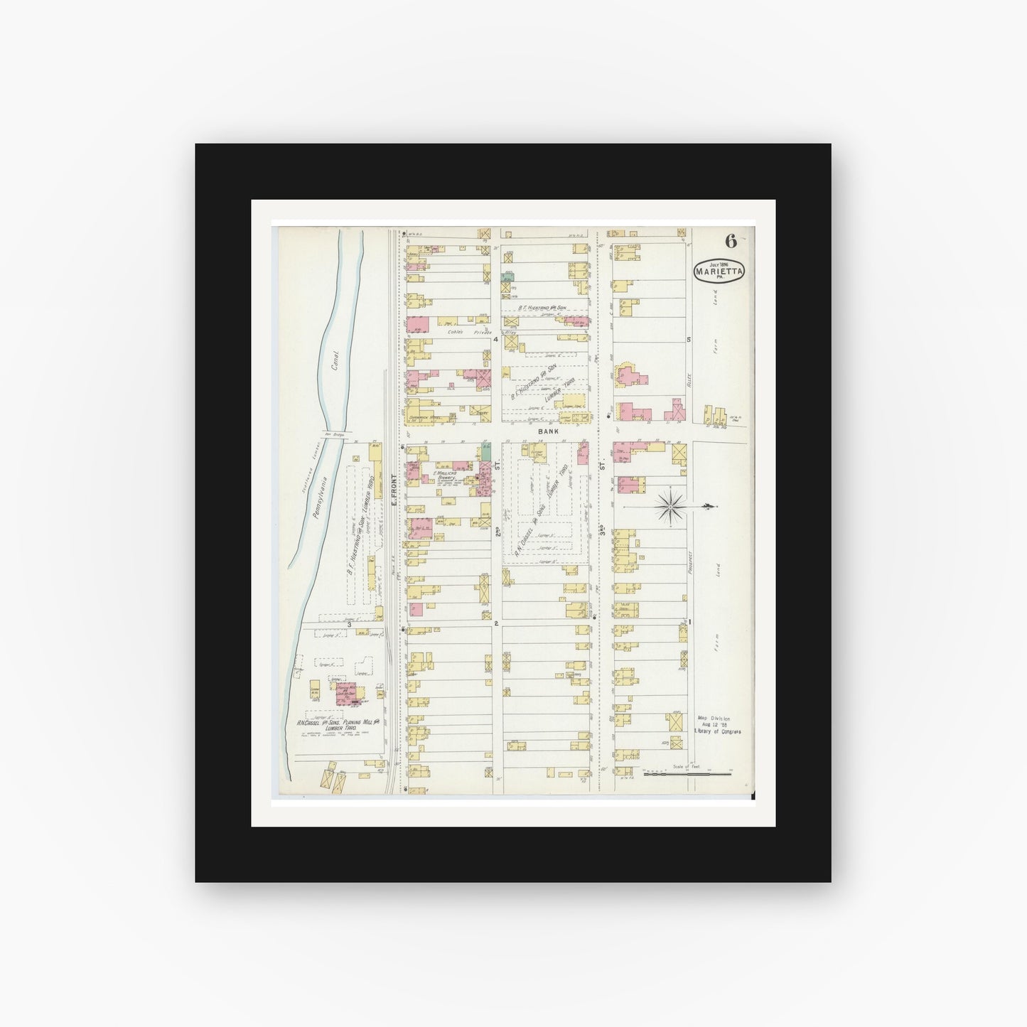 Old map wall art mockup — black gallery frame with white mat — Sanborn Fire Insurance Map from Marietta, Lancaster County, Pennsylvania (1896), Sheet #0006