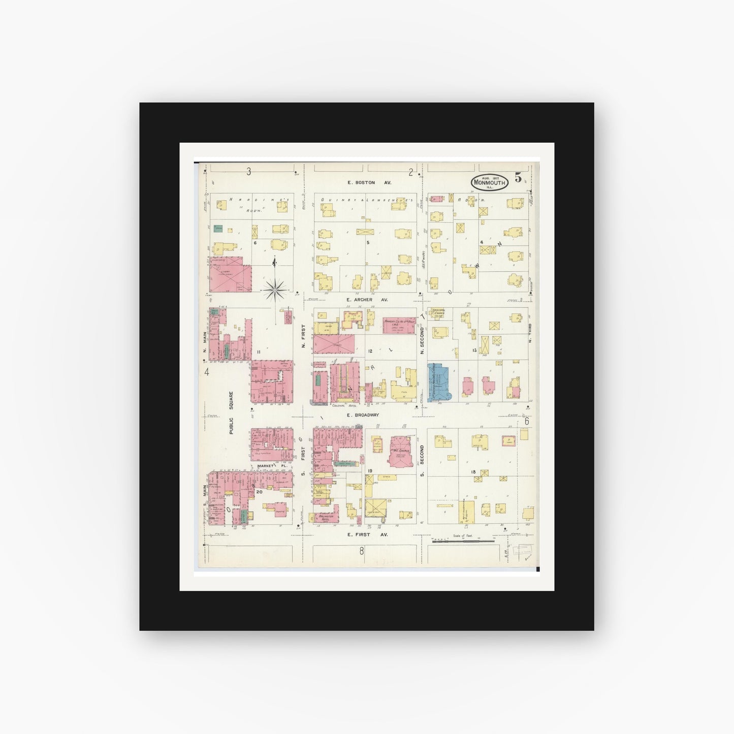 Old map wall art mockup — black gallery frame with white mat — Sanborn Fire Insurance Map from Monmouth, Warren County, Illinois (1907), Sheet #0005