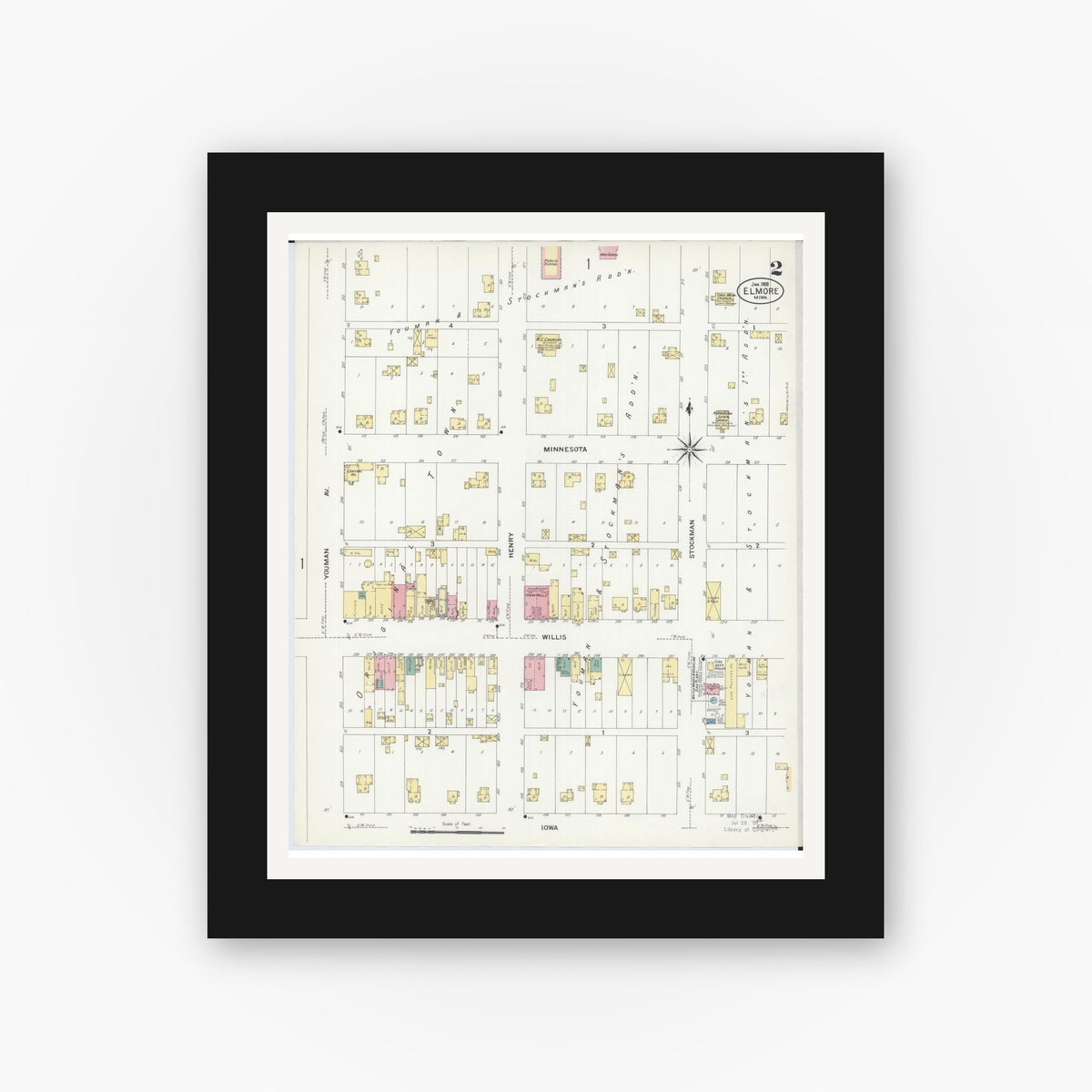 Old map wall art mockup — black gallery frame with white mat — Sanborn Fire Insurance Map from Elmore, Faribault County, Minnesota (1908), Sheet #0002