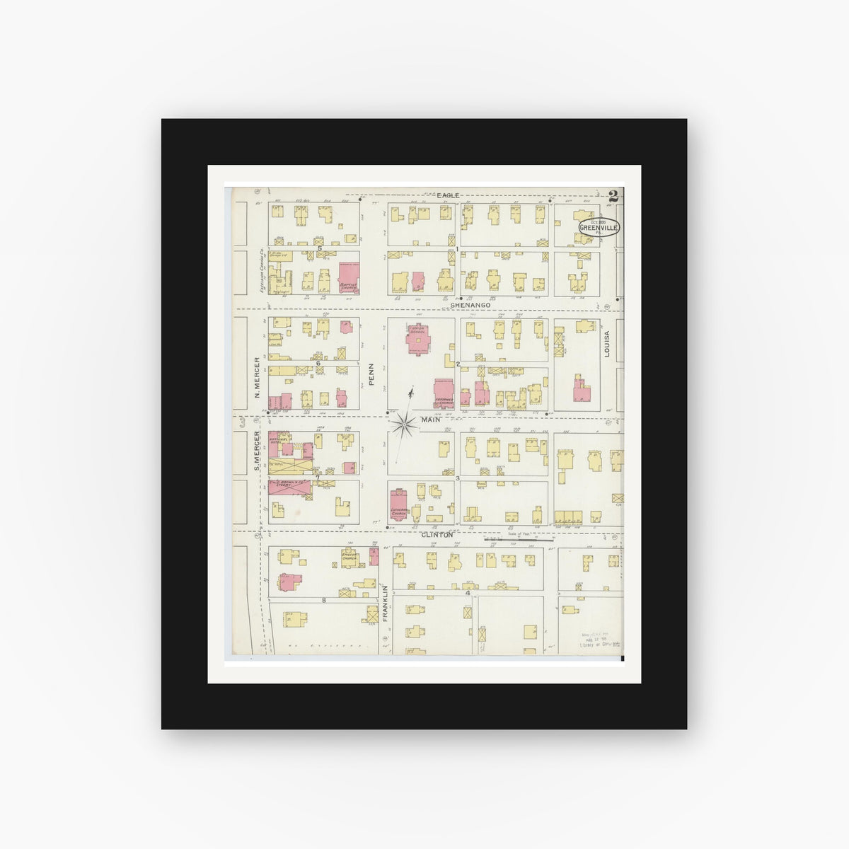 Old map wall art mockup — black gallery frame with white mat — Sanborn Fire Insurance Map from Greenville, Mercer County, Pennsylvania (1893), Sheet #0002