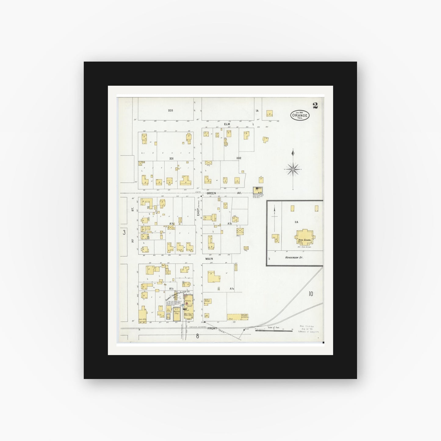 Old map wall art mockup — black gallery frame with white mat — Sanborn Fire Insurance Map from Orange, Orange County, Texas (1901), Sheet #0002