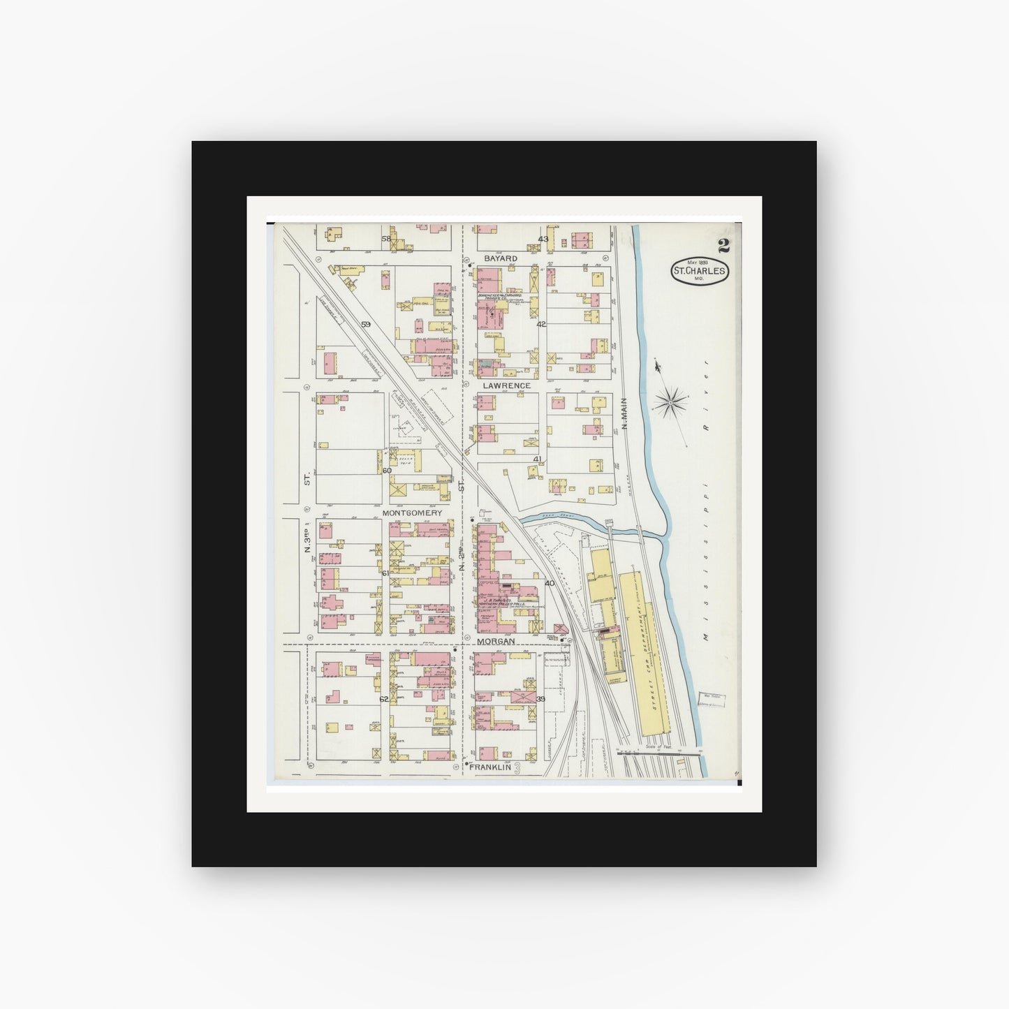 Old map wall art mockup — black gallery frame with white mat — Sanborn Fire Insurance Map from Saint Charles, Saint Charles County, Missouri (1893), Sheet #0002