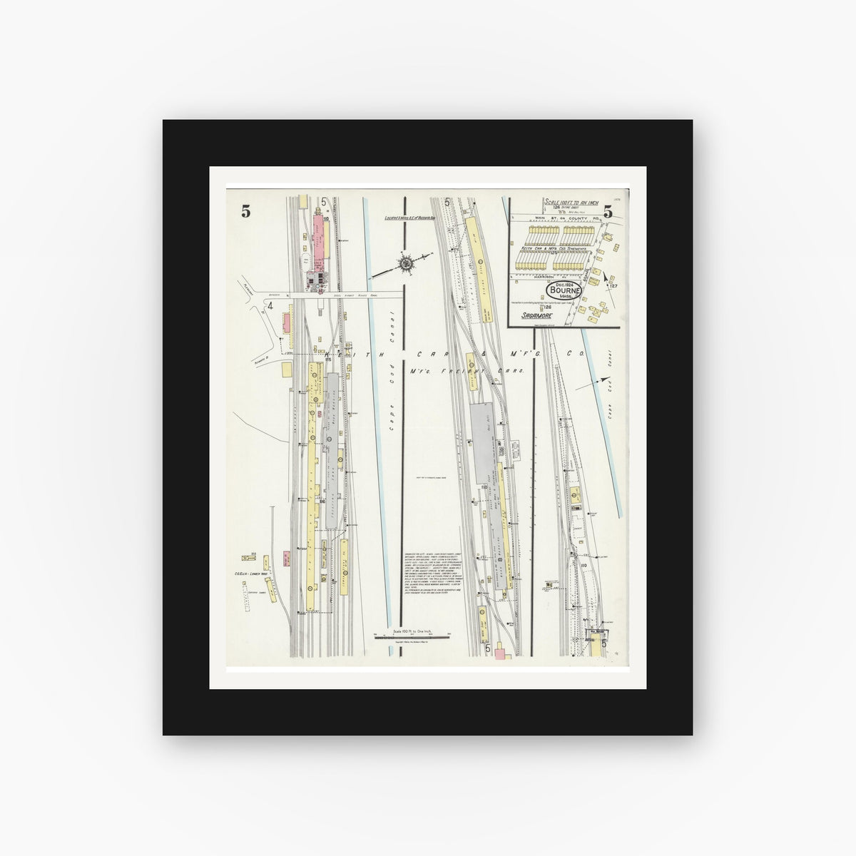 Old map wall art mockup — black gallery frame with white mat — Sanborn Fire Insurance Map from Bourne, Barnstable County, Massachusetts (1924), Sheet #0005