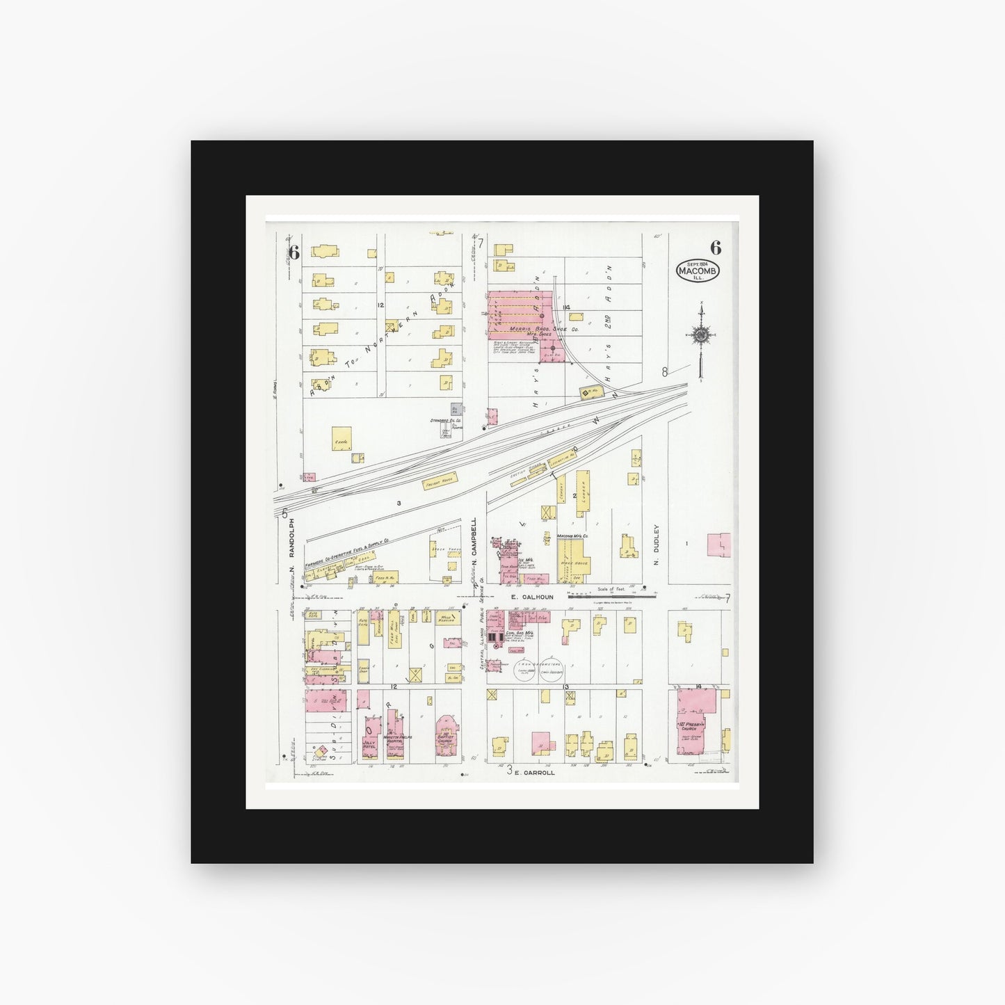 Old map wall art mockup — black gallery frame with white mat — Sanborn Fire Insurance Map from Macomb, Mcdonough County, Illinois (1924), Sheet #0006