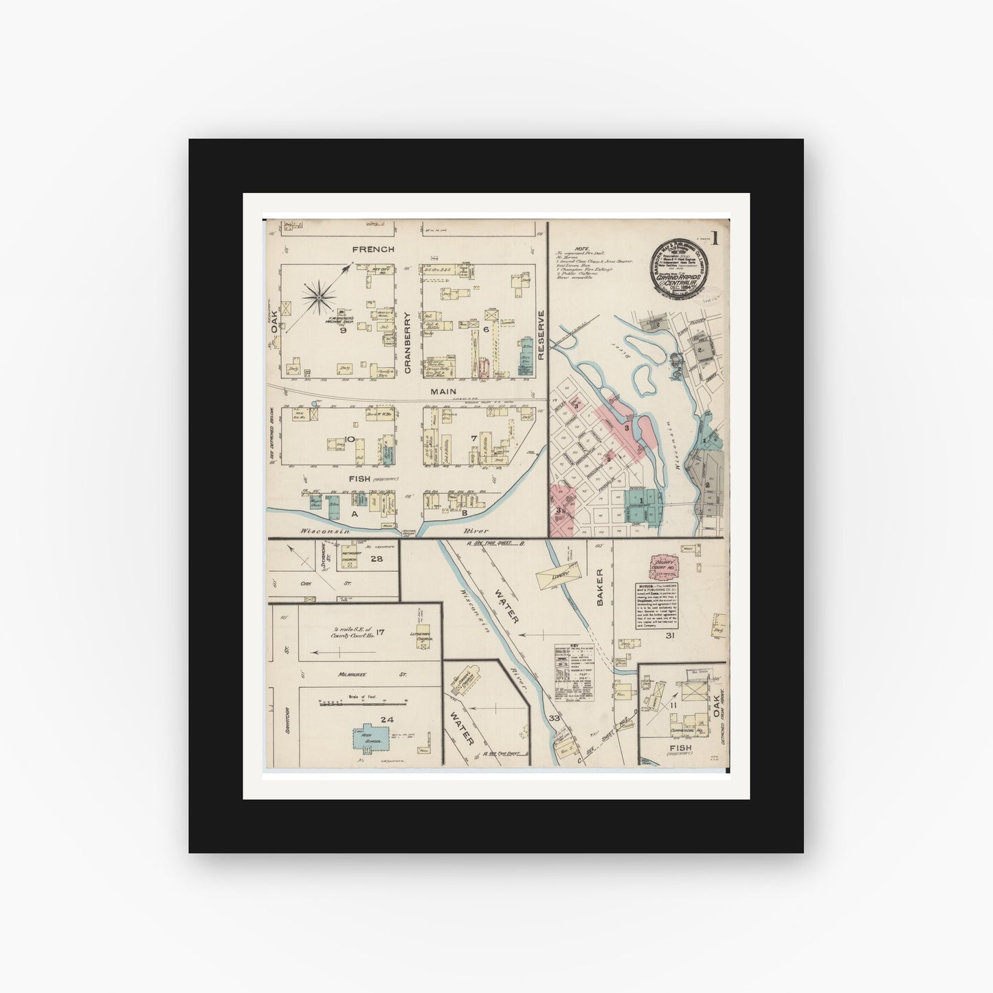 Old map wall art mockup — black gallery frame with white mat — Sanborn Fire Insurance Map from Grand Rapids, Wood County, Wisconsin (1884) - Complete Map Set