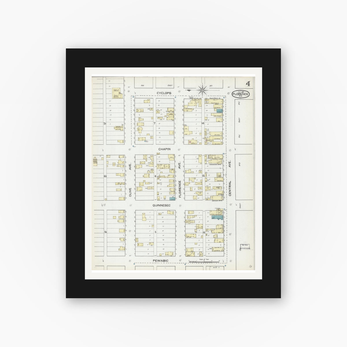 Old map wall art mockup — black gallery frame with white mat — Sanborn Fire Insurance Map from Florence, Florence County, Wisconsin (1891), Sheet #0004