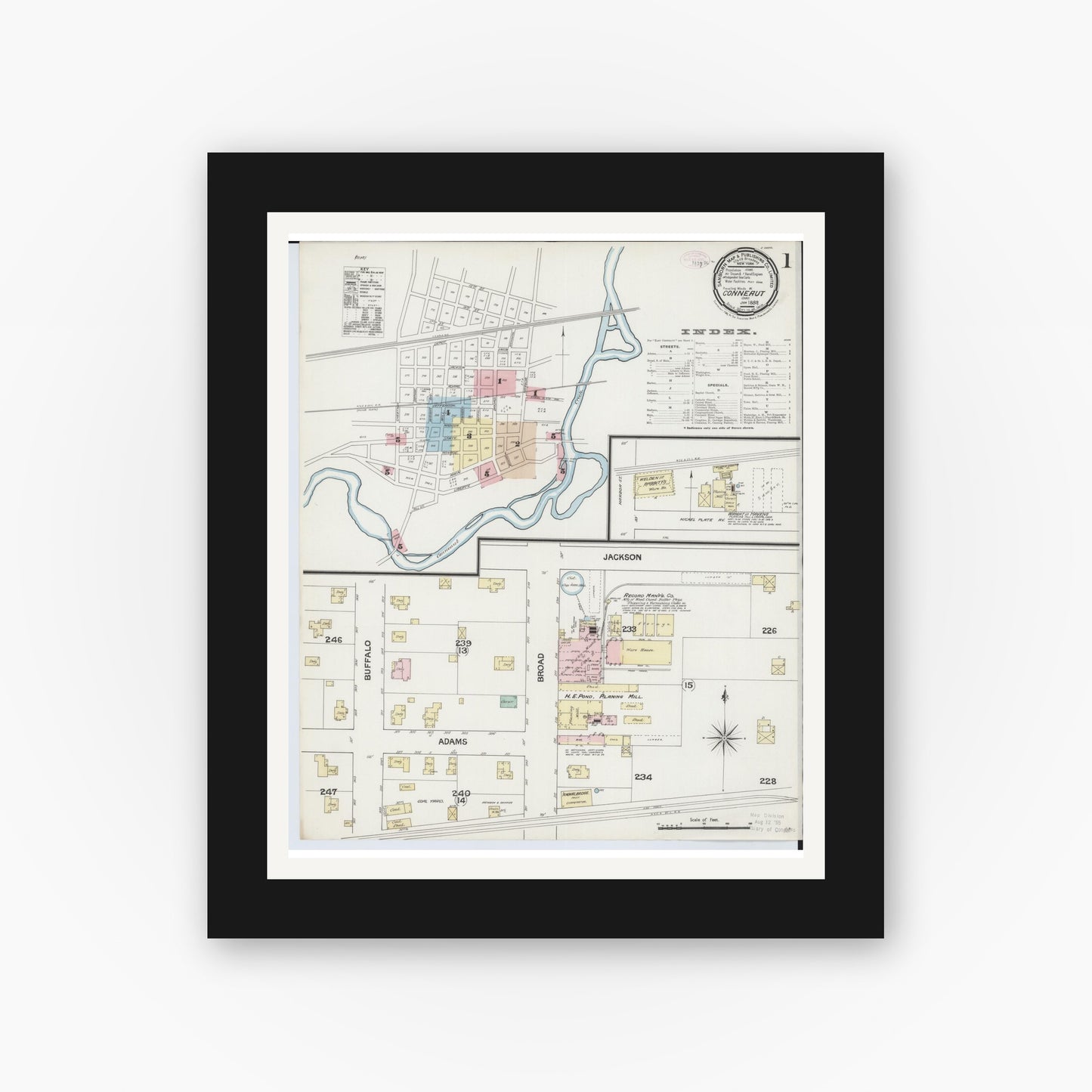 Old map wall art mockup — black gallery frame with white mat — Sanborn Fire Insurance Map from Conneaut, Ashtabula County, Ohio (1889) - Complete Map Set