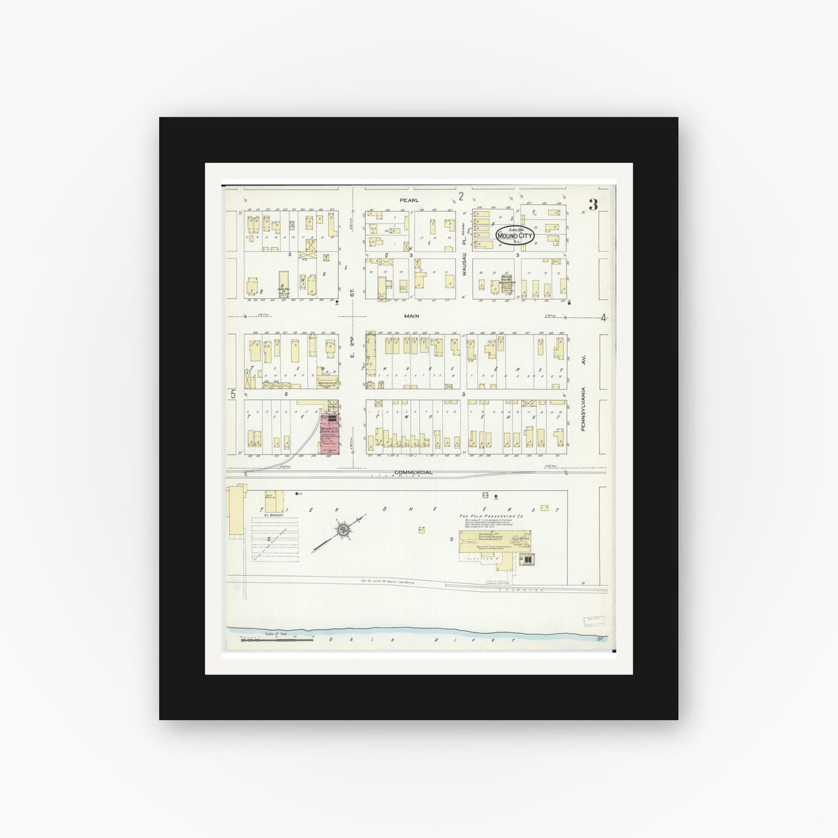 Old map wall art mockup — black gallery frame with white mat — Sanborn Fire Insurance Map from Mound City, Pulaski County, Illinois (1914), Sheet #0003