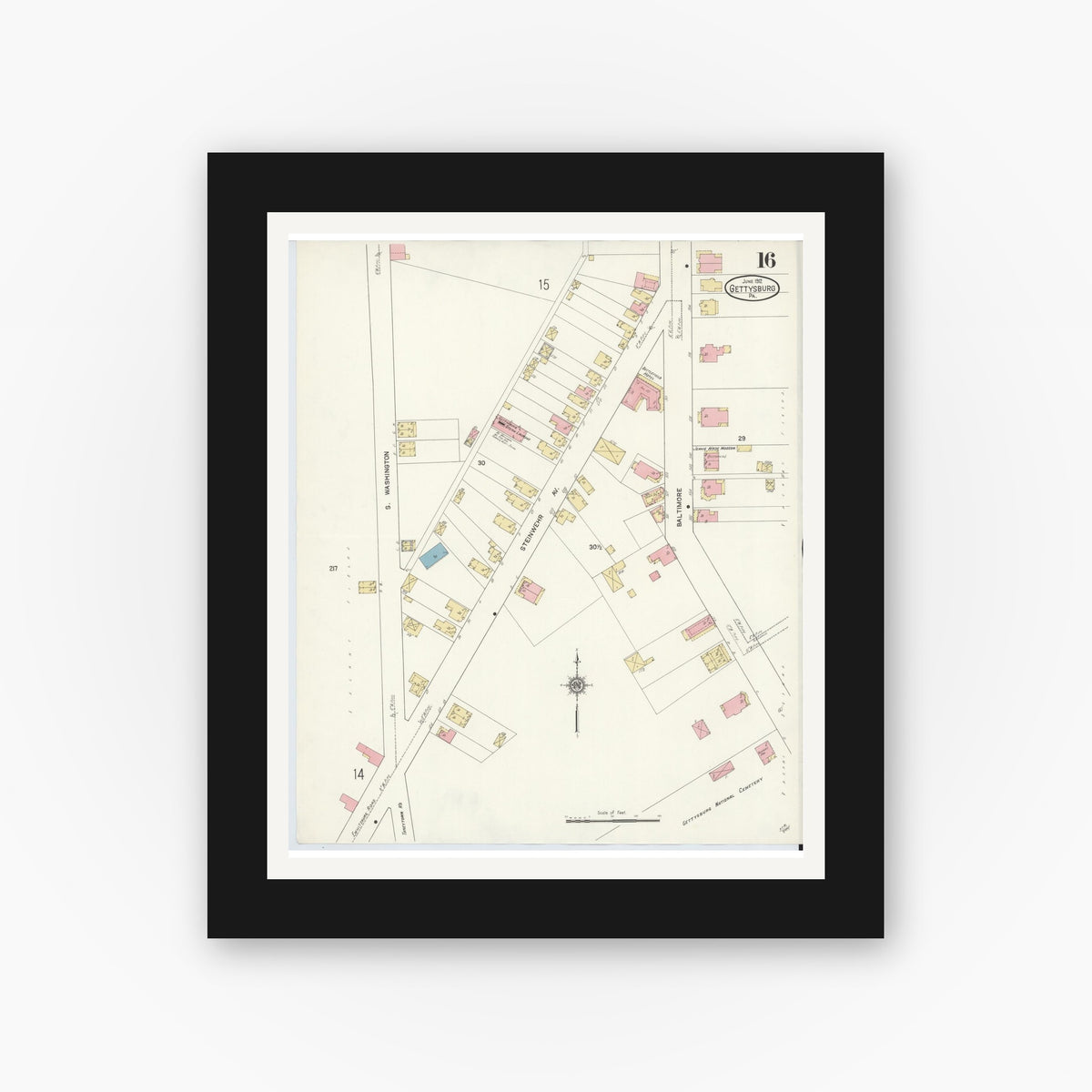 Old map wall art mockup — black gallery frame with white mat — Sanborn Fire Insurance Map from Gettysburg, Adams County, Pennsylvania (1912), Sheet #0016
