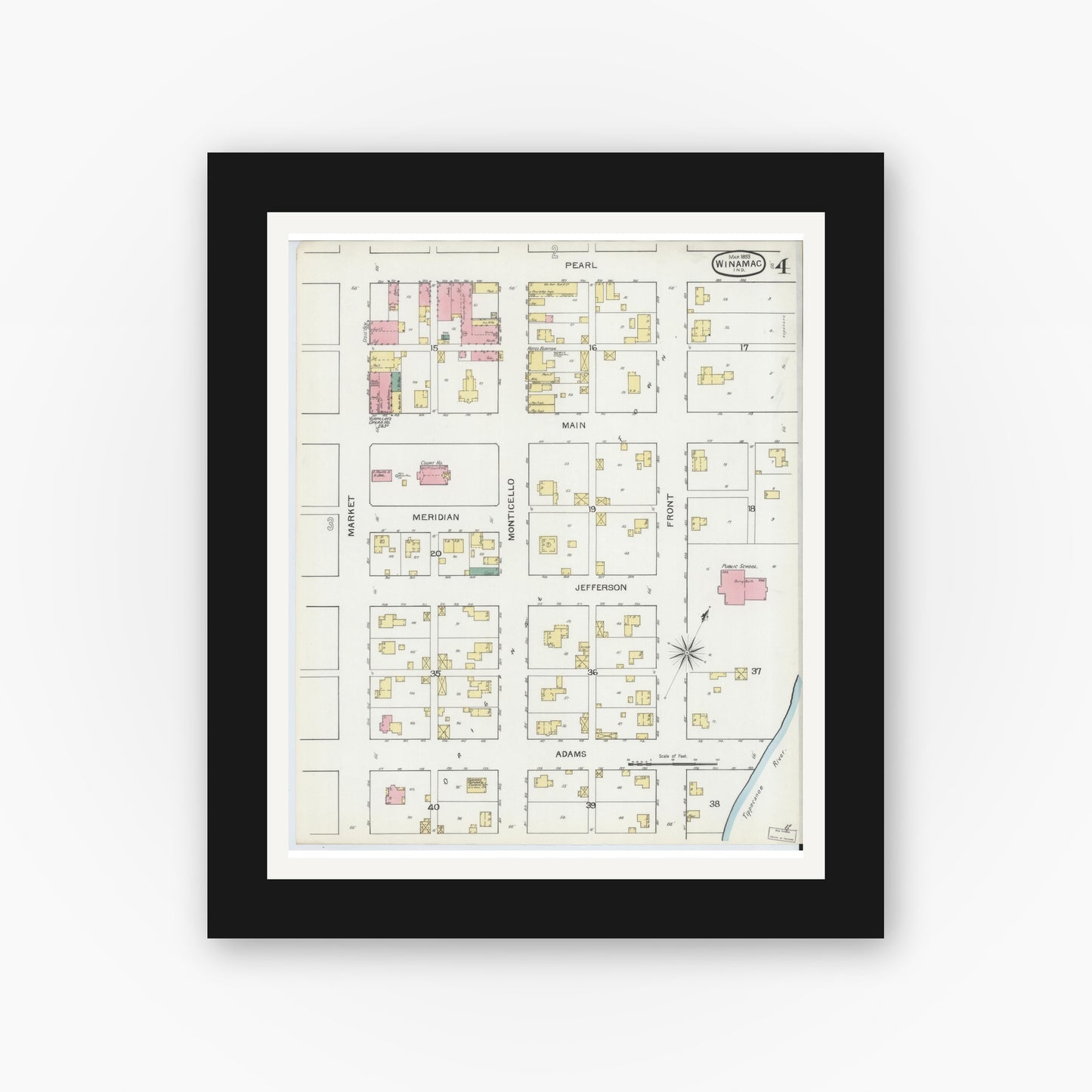 Old map wall art mockup — black gallery frame with white mat — Sanborn Fire Insurance Map from Winamac, Pulaski County, Indiana (1893), Sheet #0004