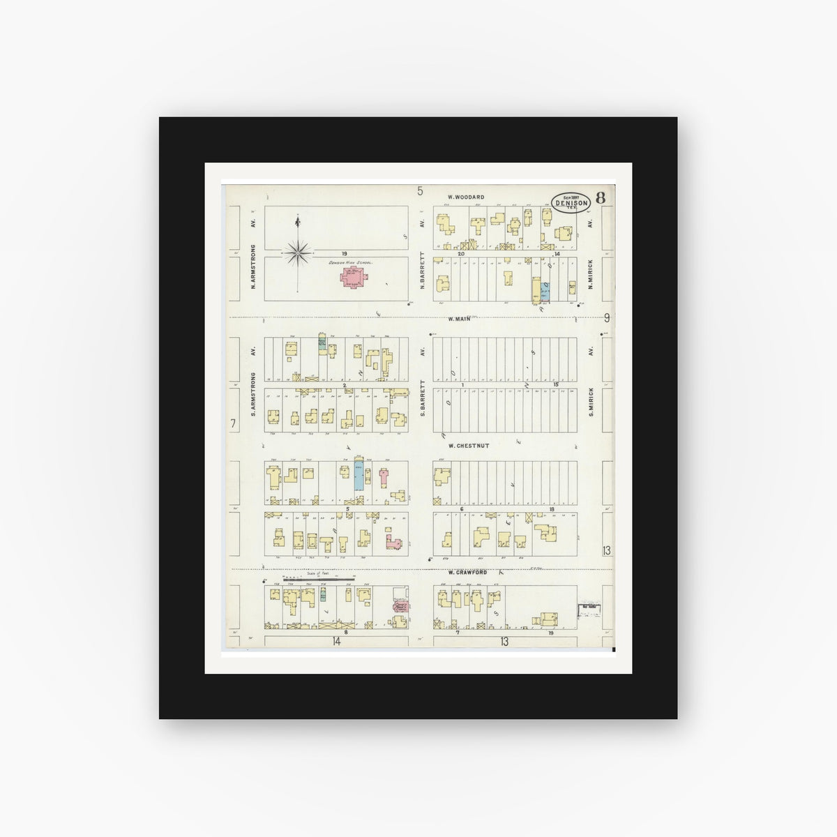 Old map wall art mockup — black gallery frame with white mat — Sanborn Fire Insurance Map from Denison, Grayson County, Texas (1897), Sheet #0008