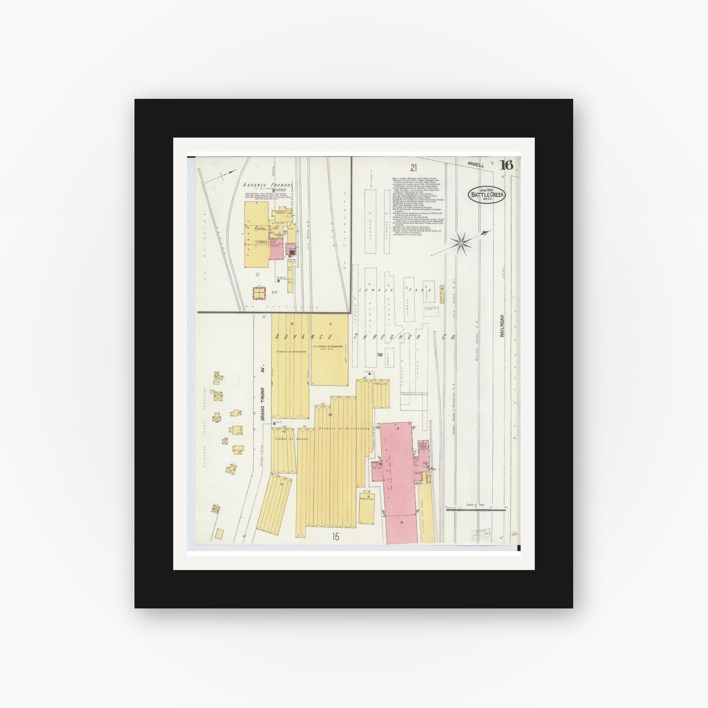 Old map wall art mockup — black gallery frame with white mat — Sanborn Fire Insurance Map from Battle Creek, Calhoun County, Michigan (1902), Sheet #0016