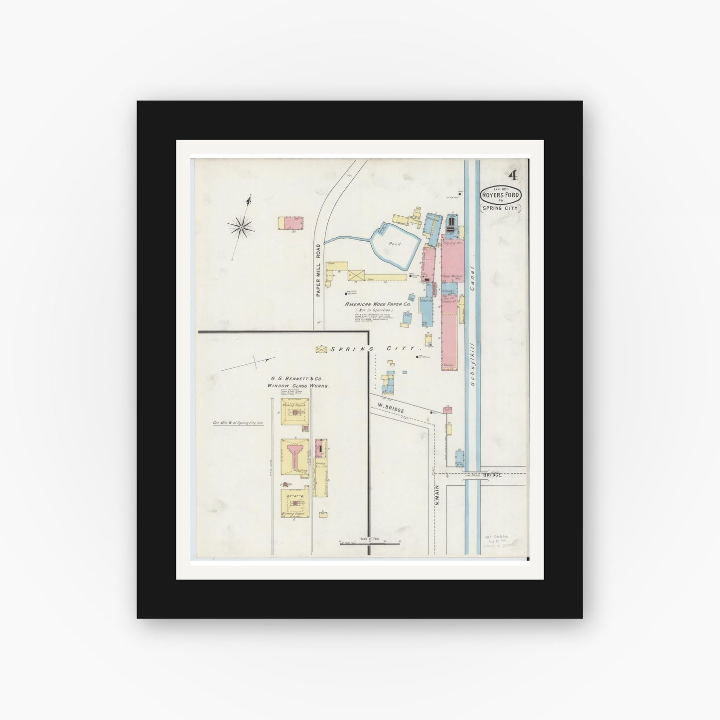 Old map wall art mockup — black gallery frame with white mat — Sanborn Fire Insurance Map from Royersford, Montgomery County, Pennsylvania (1895), Sheet #0004