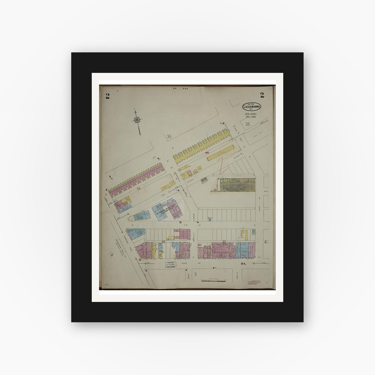 Old map wall art mockup — black gallery frame with white mat — Sanborn Fire Insurance Map from Lackawanna, Erie County, New York (1950), Sheet #0002